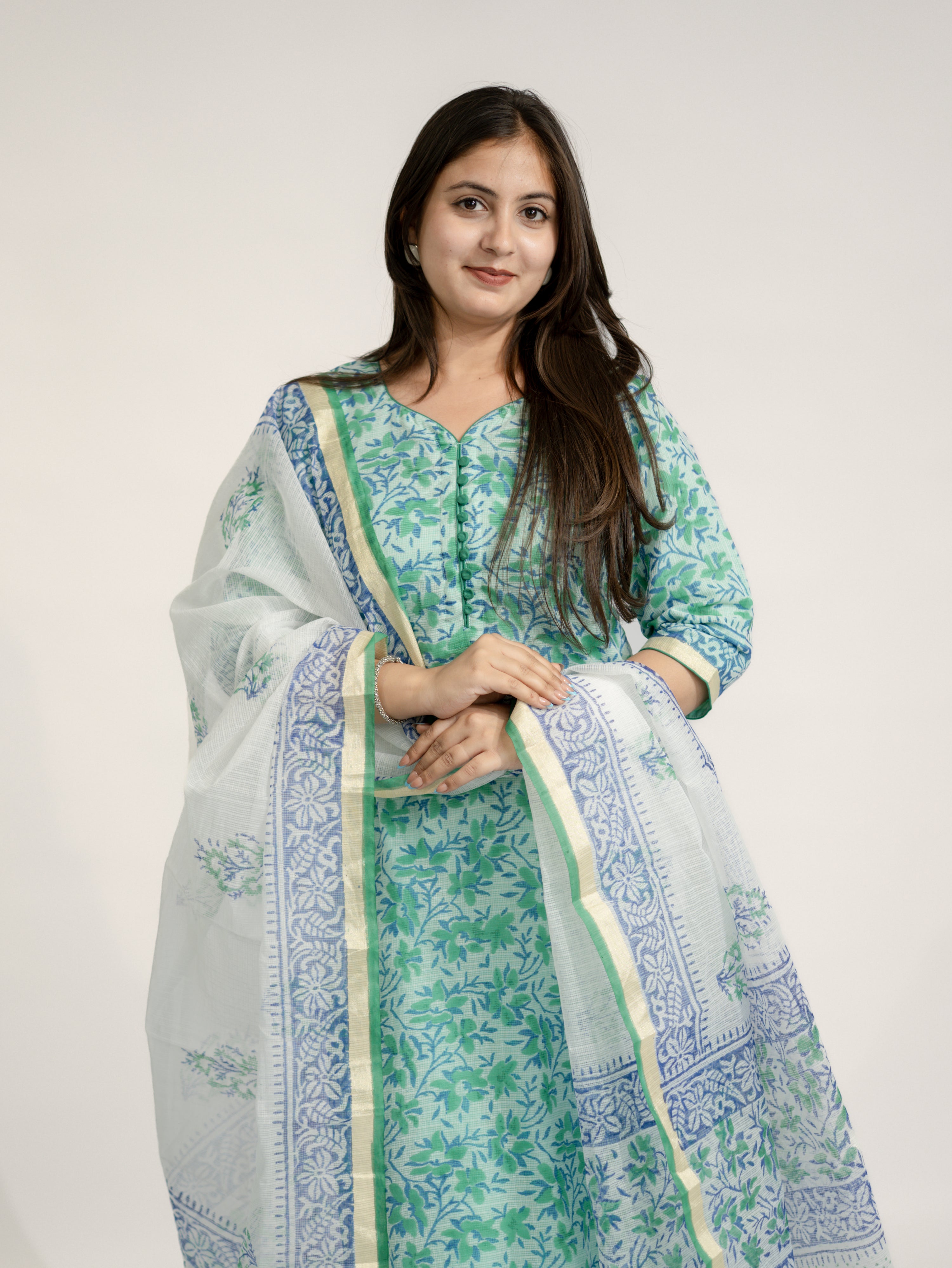 Zasha Kota Doria Handblock Straight Dupatta Set