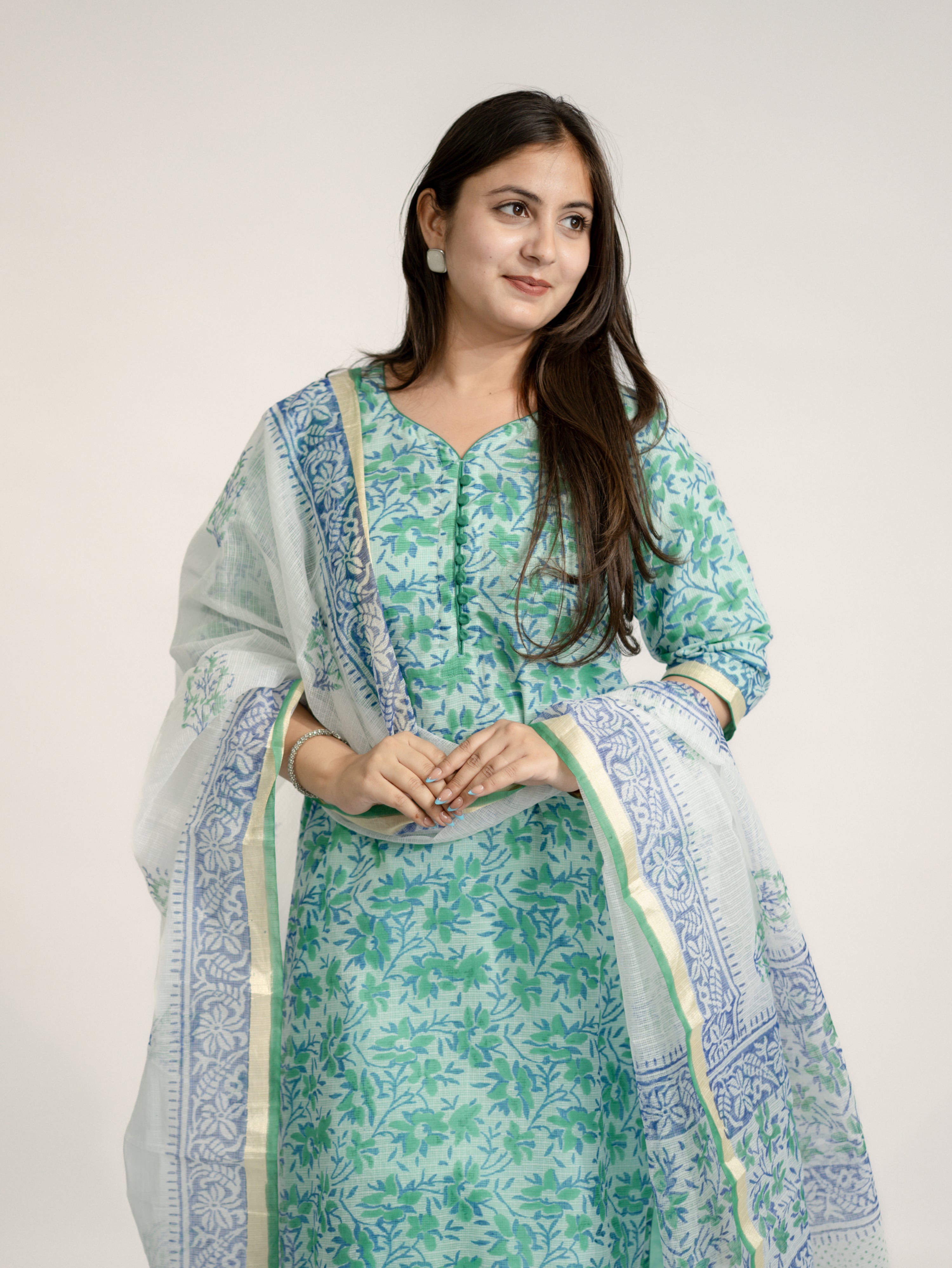 Zasha Kota Doria Handblock Straight Dupatta Set