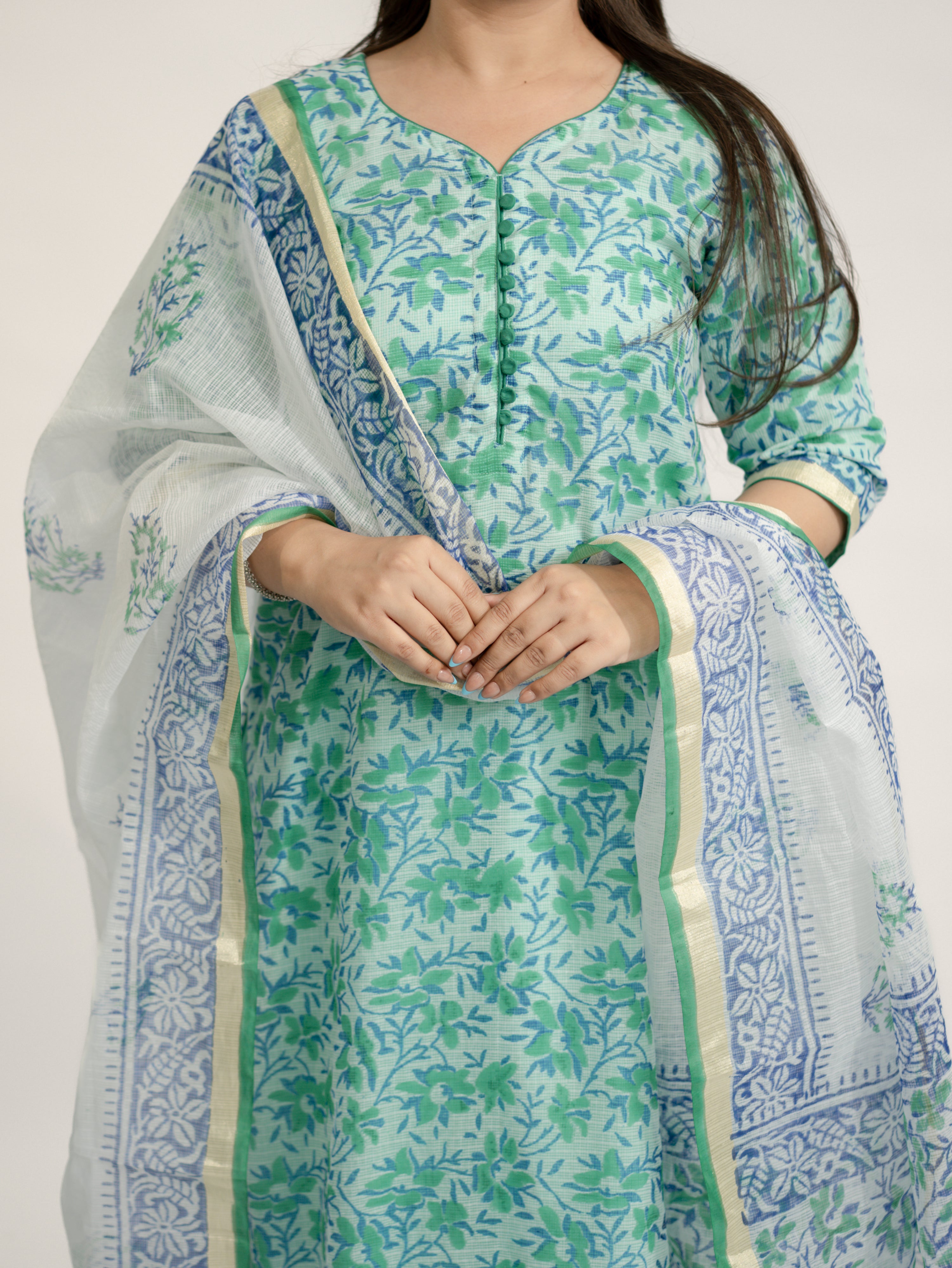Zasha Kota Doria Handblock Straight Dupatta Set