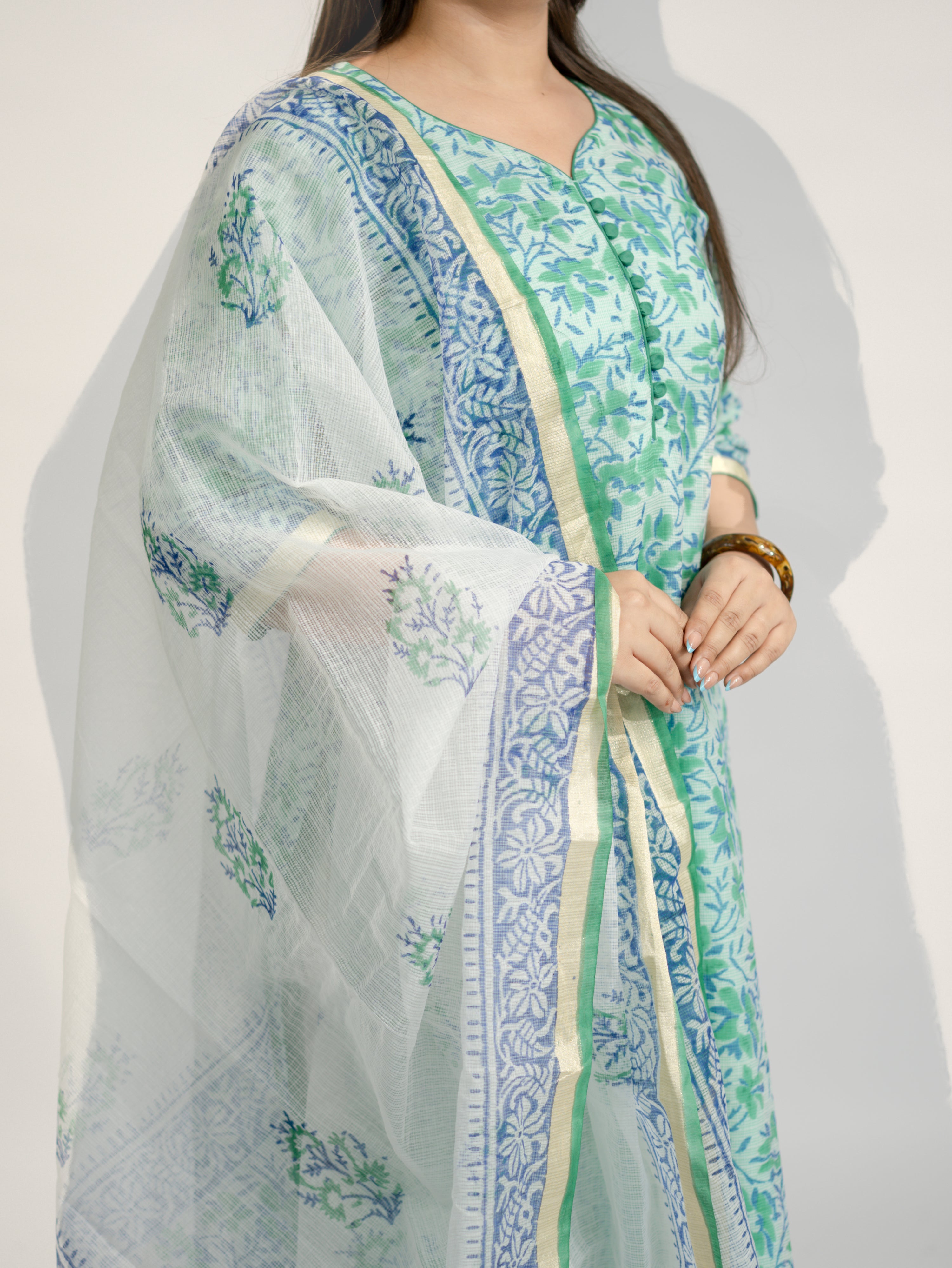 Zasha Kota Doria Handblock Straight Dupatta Set