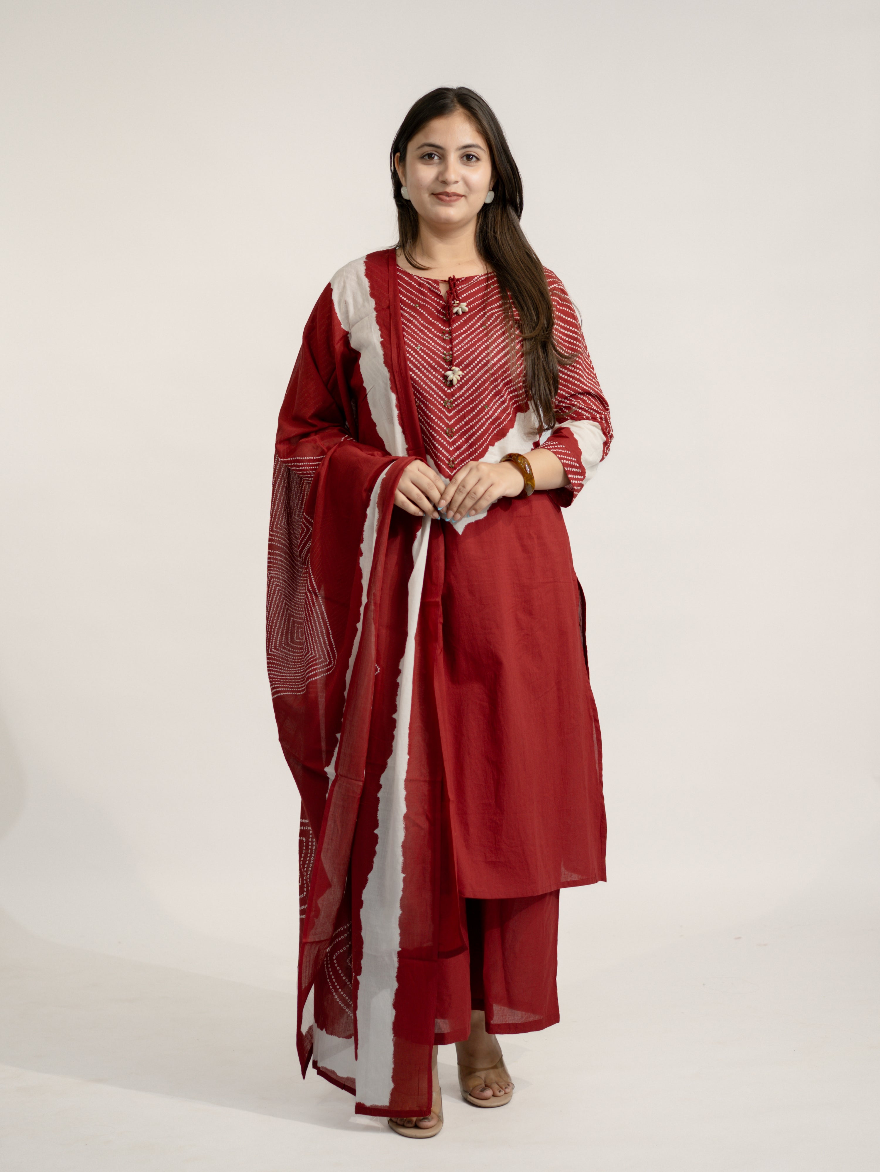 Huma Red Cotton Tie and Dye Straight Dupatta Set