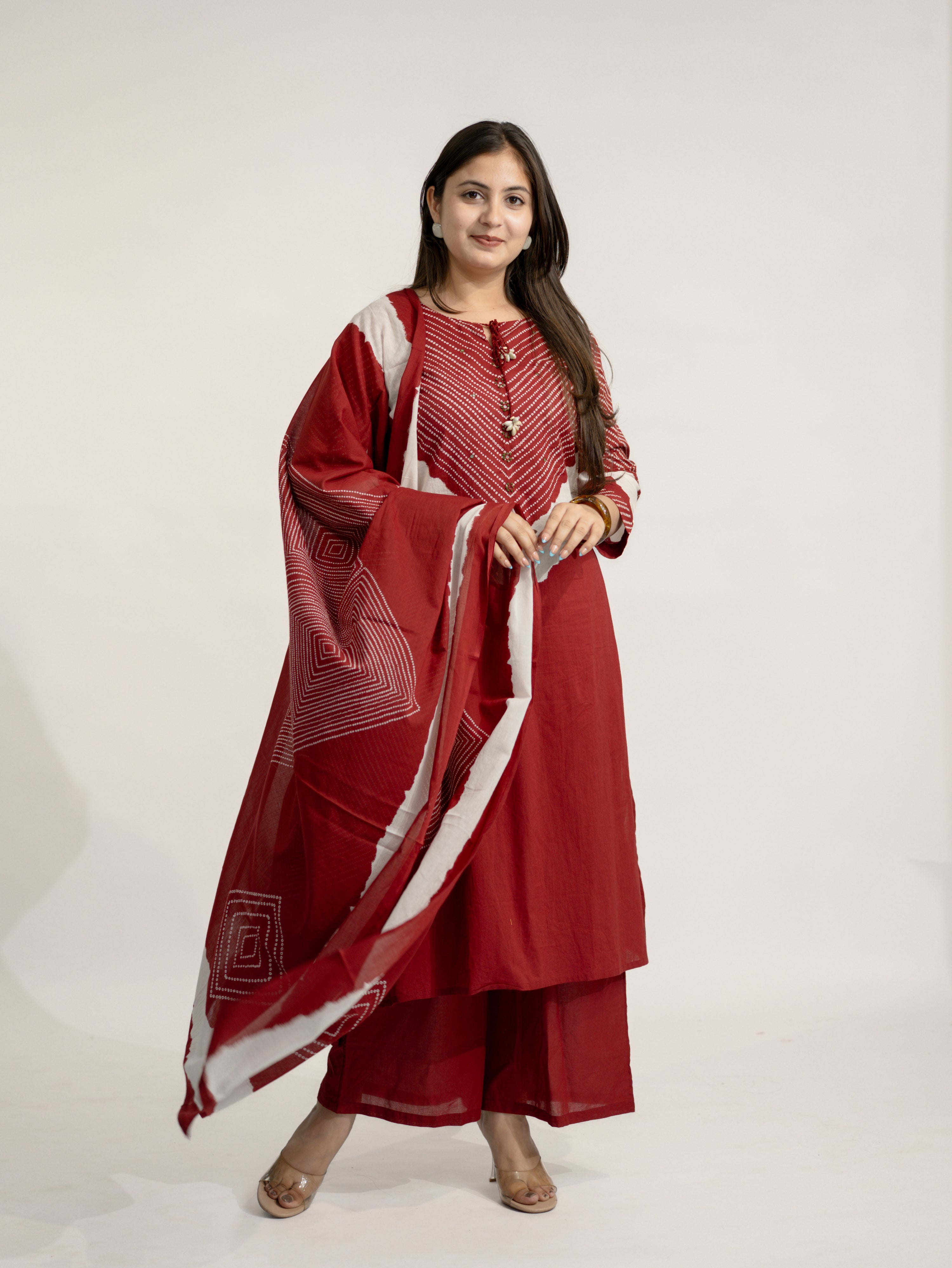 Huma Red Cotton Tie and Dye Straight Dupatta Set