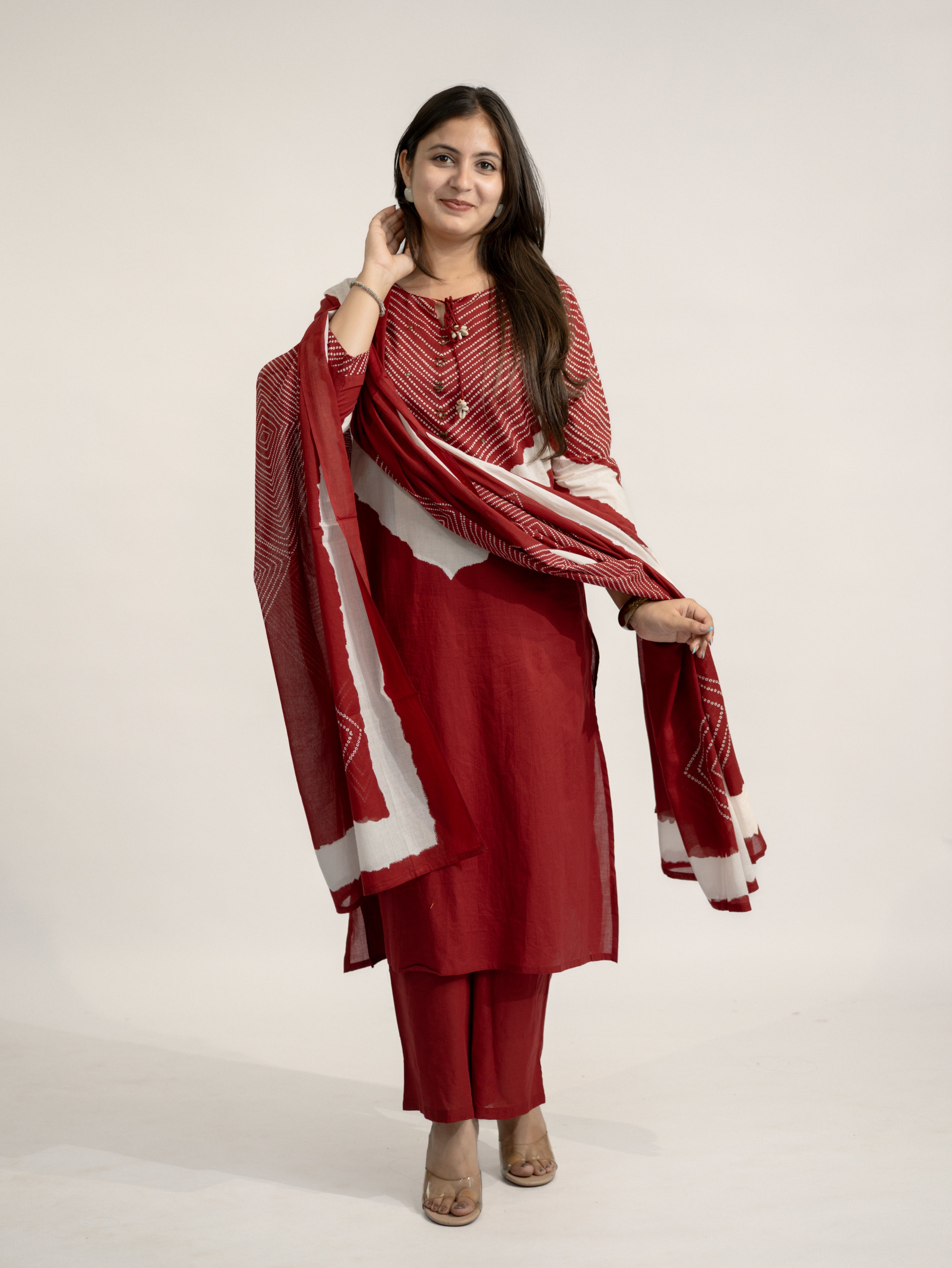 Huma Red Cotton Tie and Dye Straight Dupatta Set