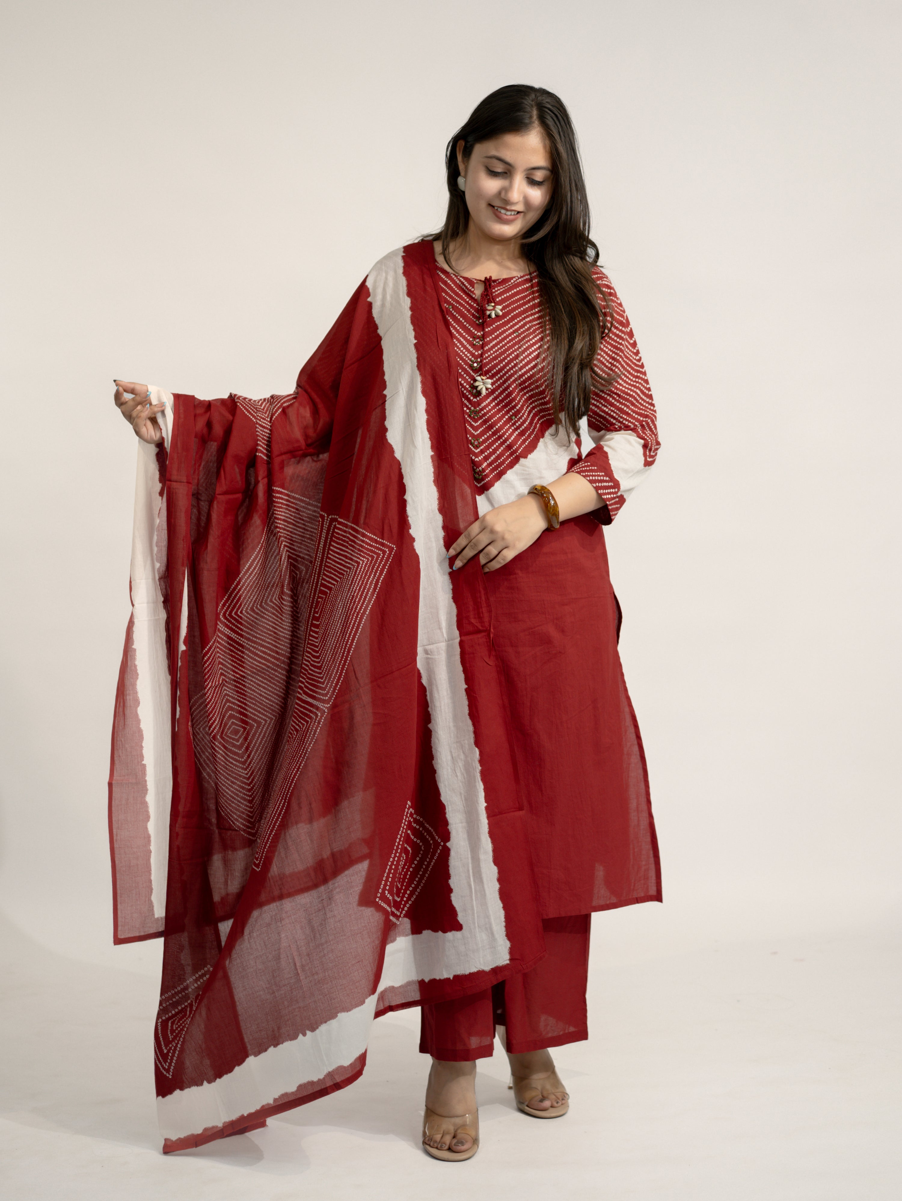 Huma Red Cotton Tie and Dye Straight Dupatta Set