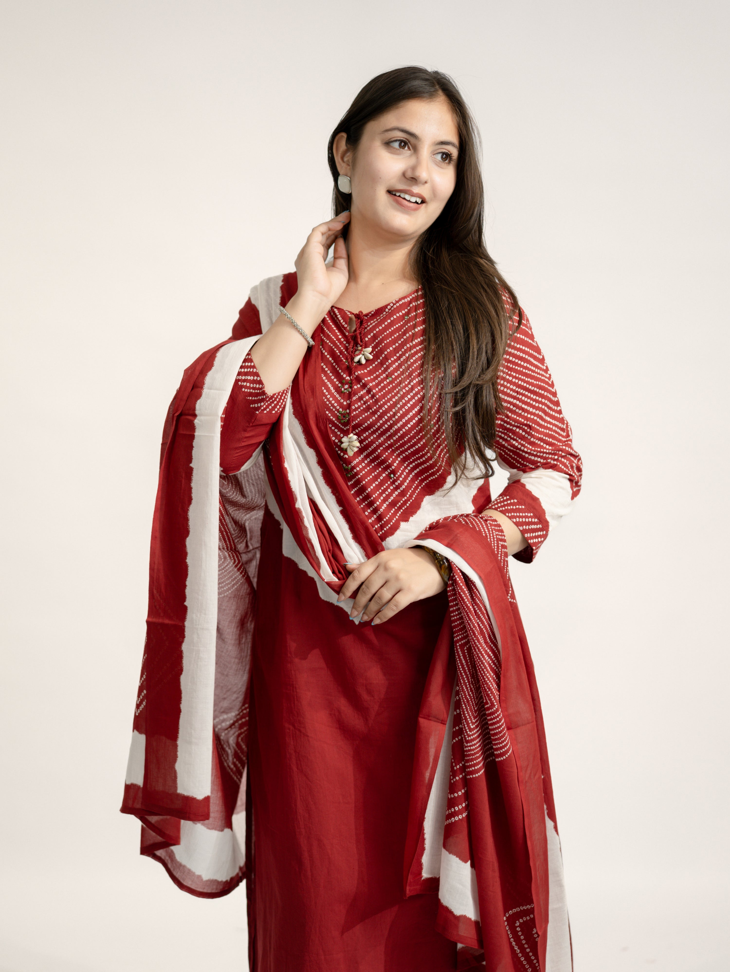 Huma Red Cotton Tie and Dye Straight Dupatta Set