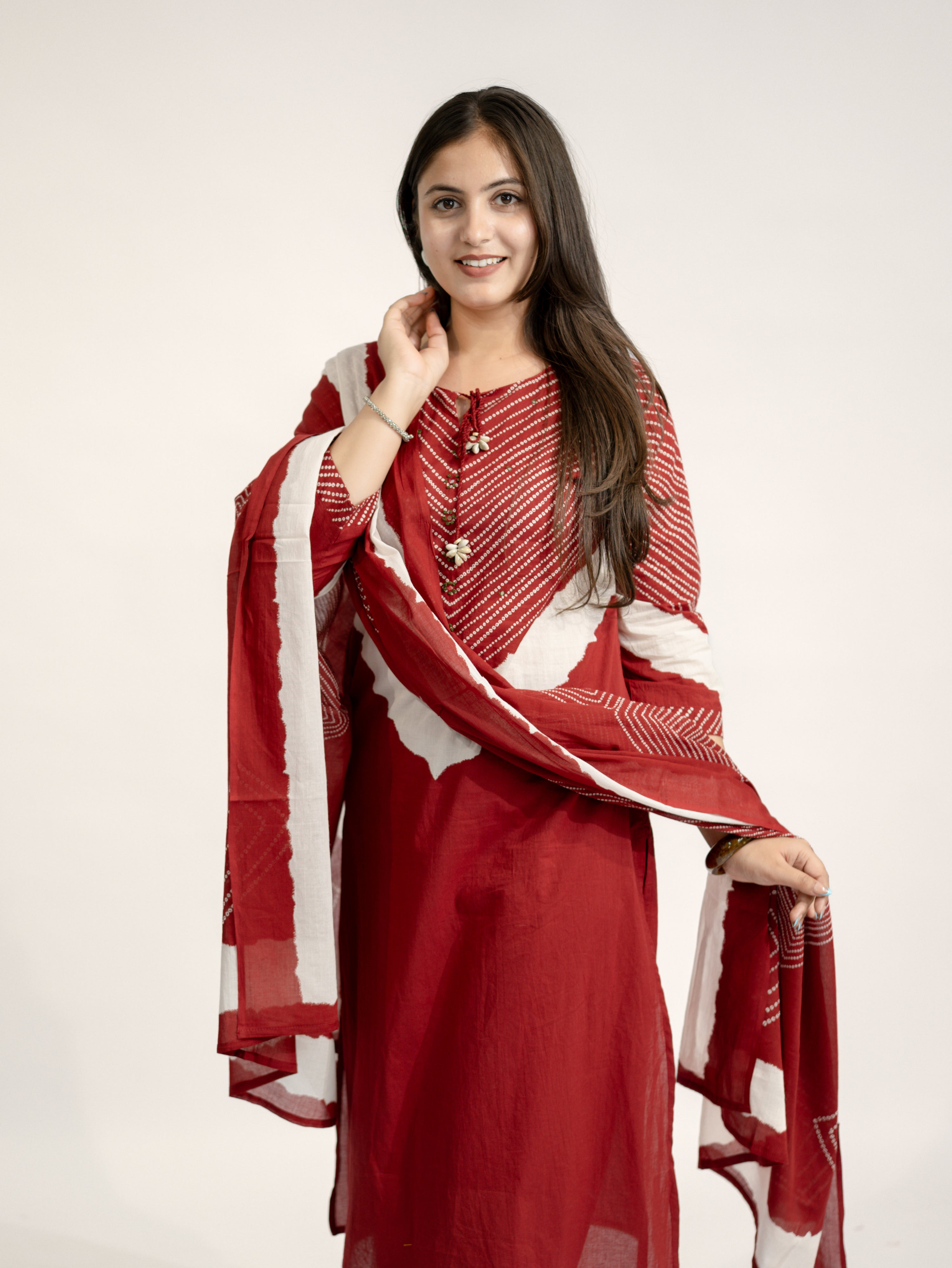 Huma Red Cotton Tie and Dye Straight Dupatta Set
