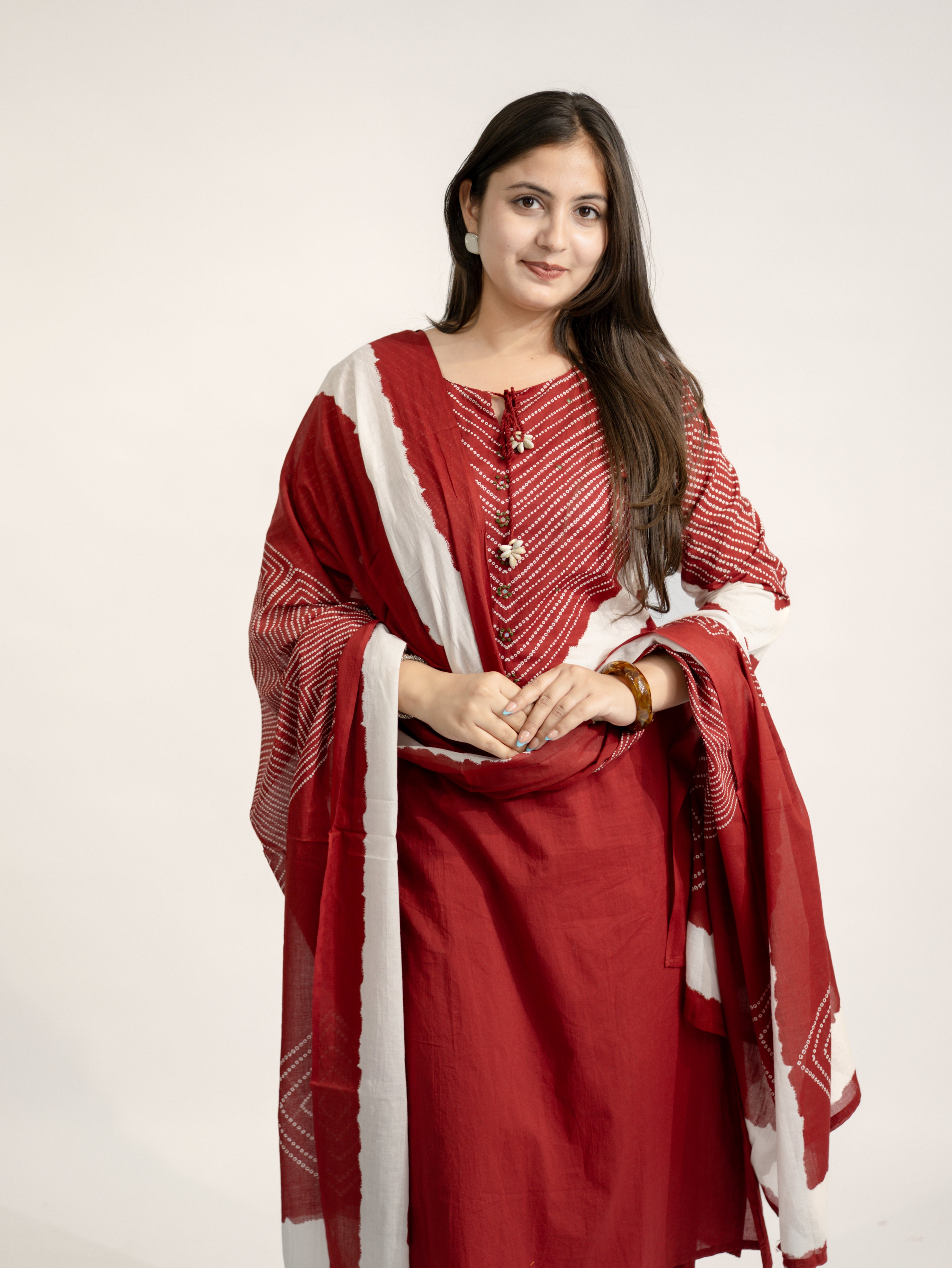 Huma Red Cotton Tie and Dye Straight Dupatta Set