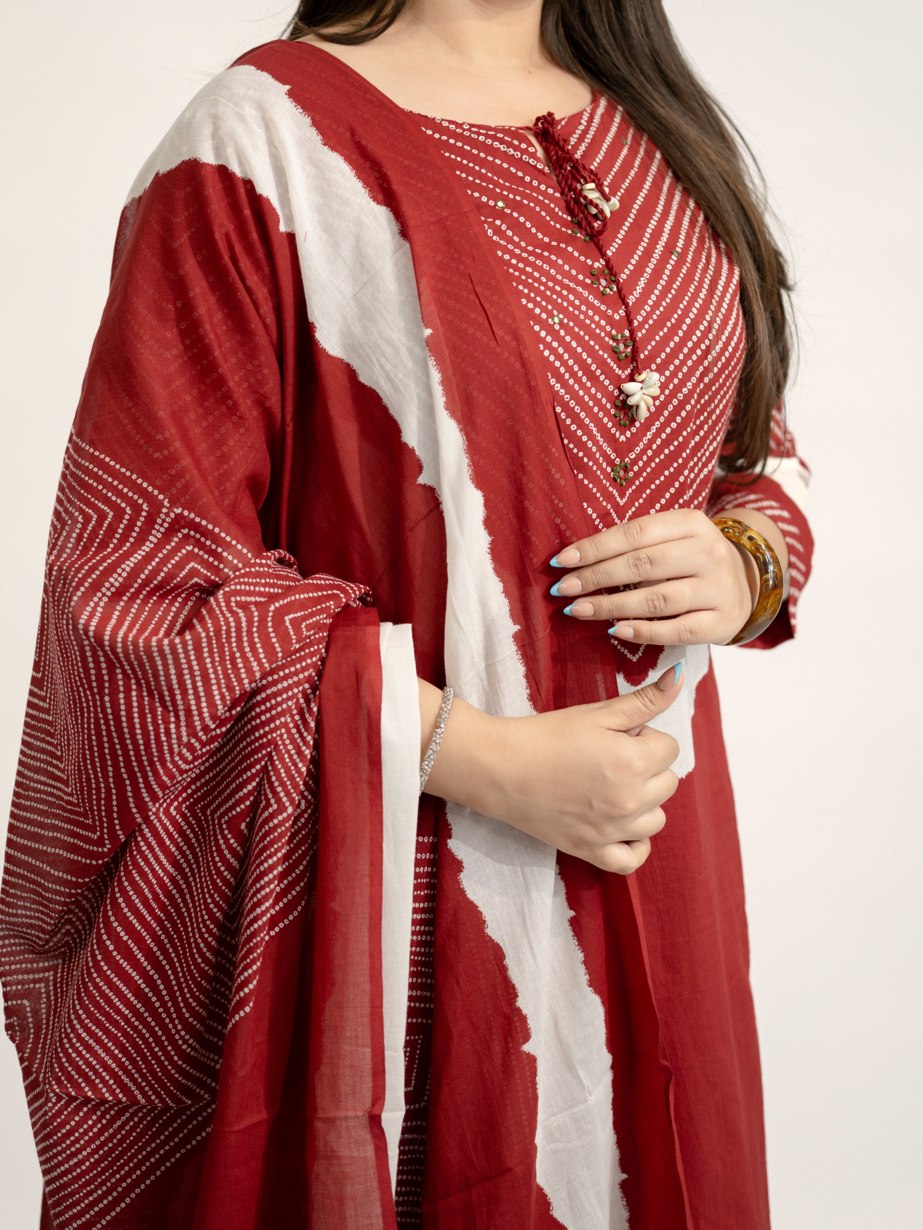 Huma Red Cotton Tie and Dye Straight Dupatta Set