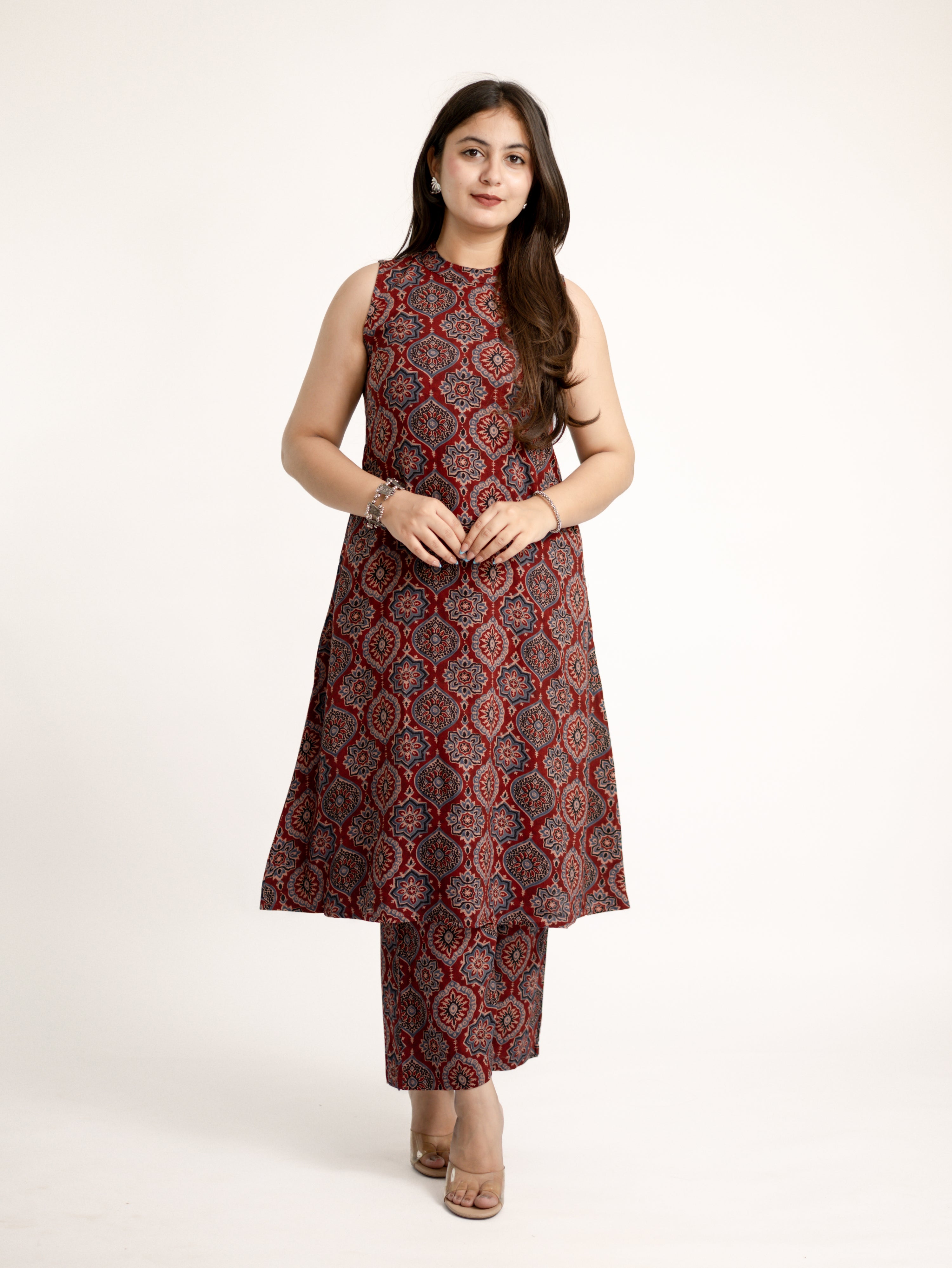 Lily Red Ajrakh Rayon A-line Coord Set