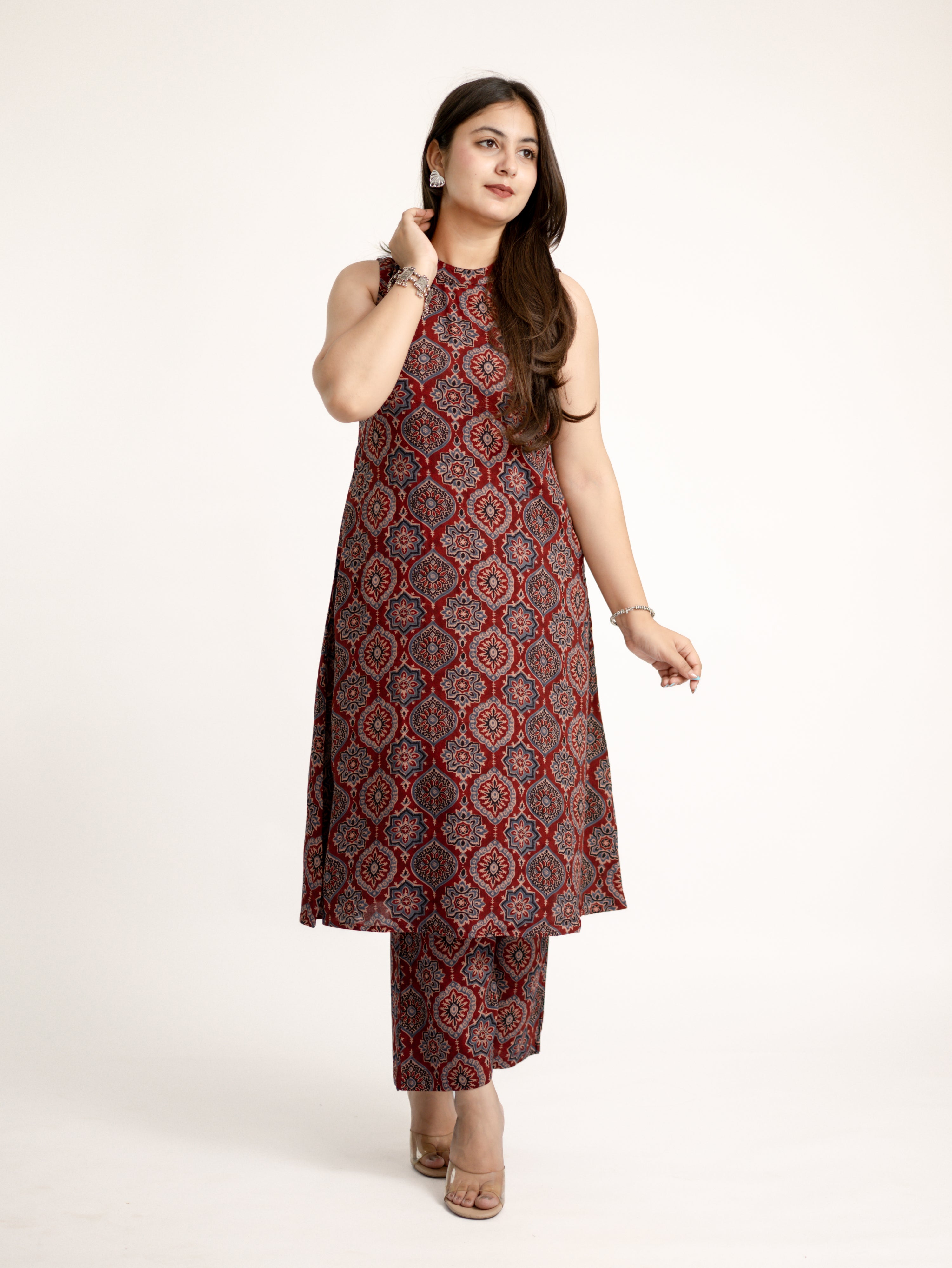 Lily Red Ajrakh Rayon A-line Coord Set