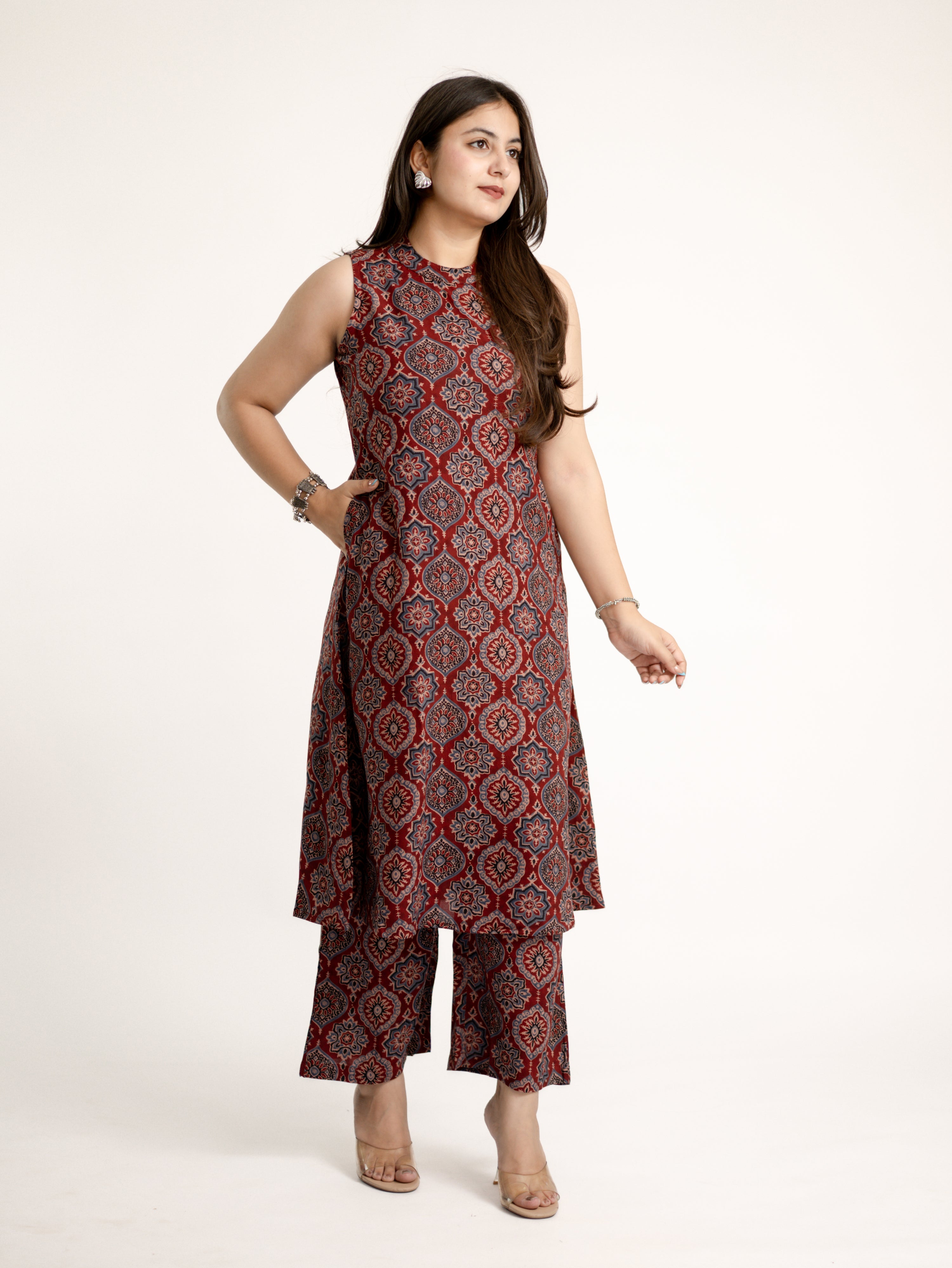 Lily Red Ajrakh Rayon A-line Coord Set