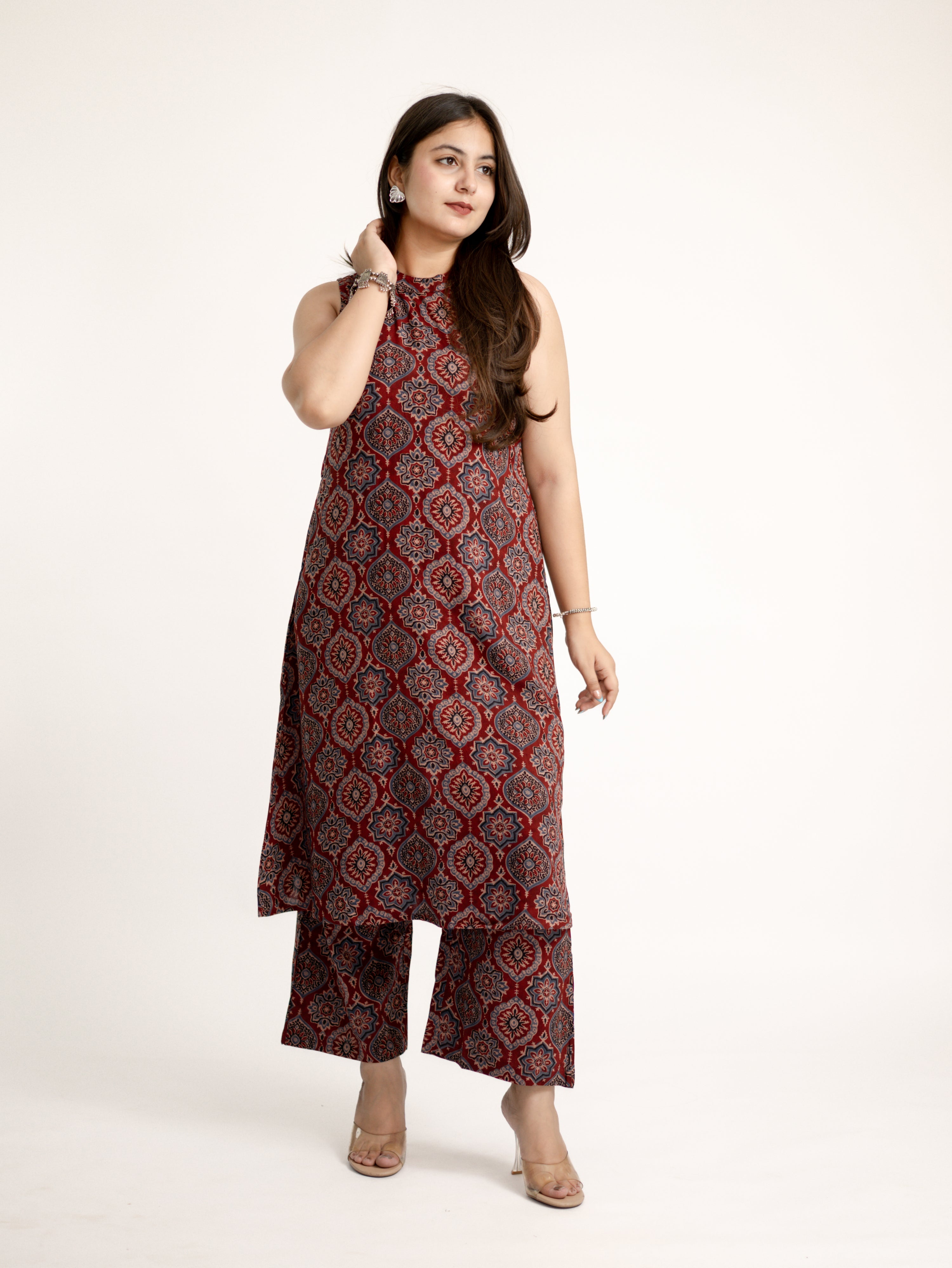 Lily Red Ajrakh Rayon A-line Coord Set