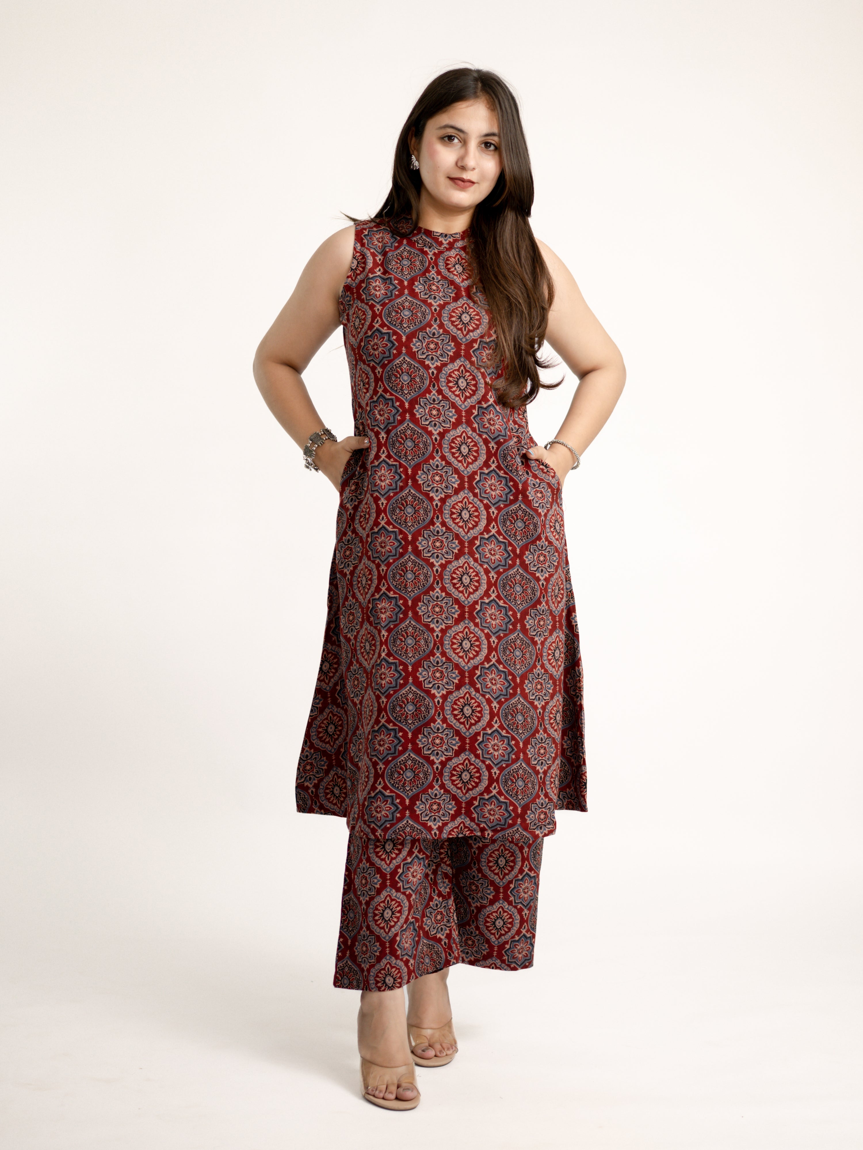 Lily Red Ajrakh Rayon A-line Coord Set