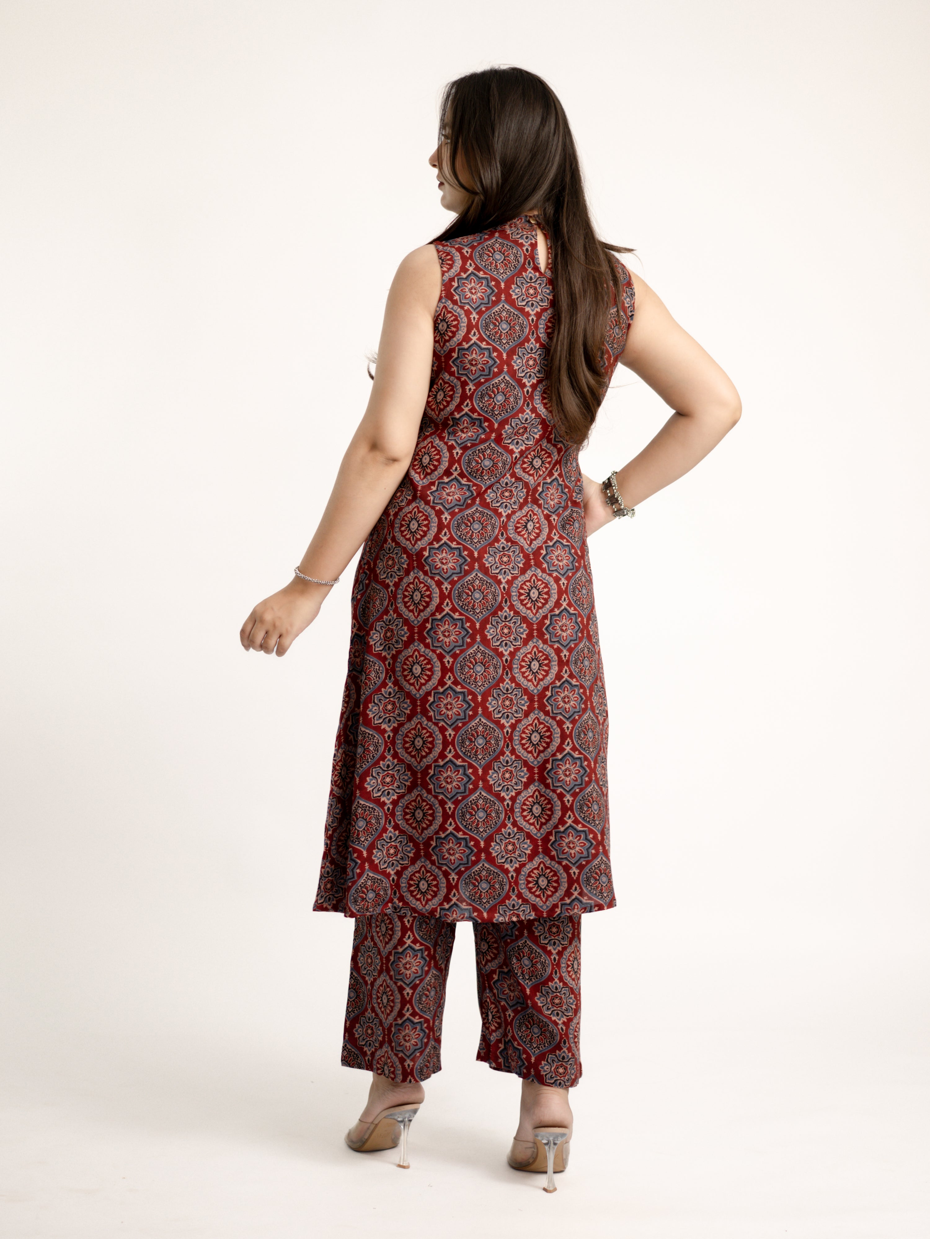 Lily Red Ajrakh Rayon A-line Coord Set