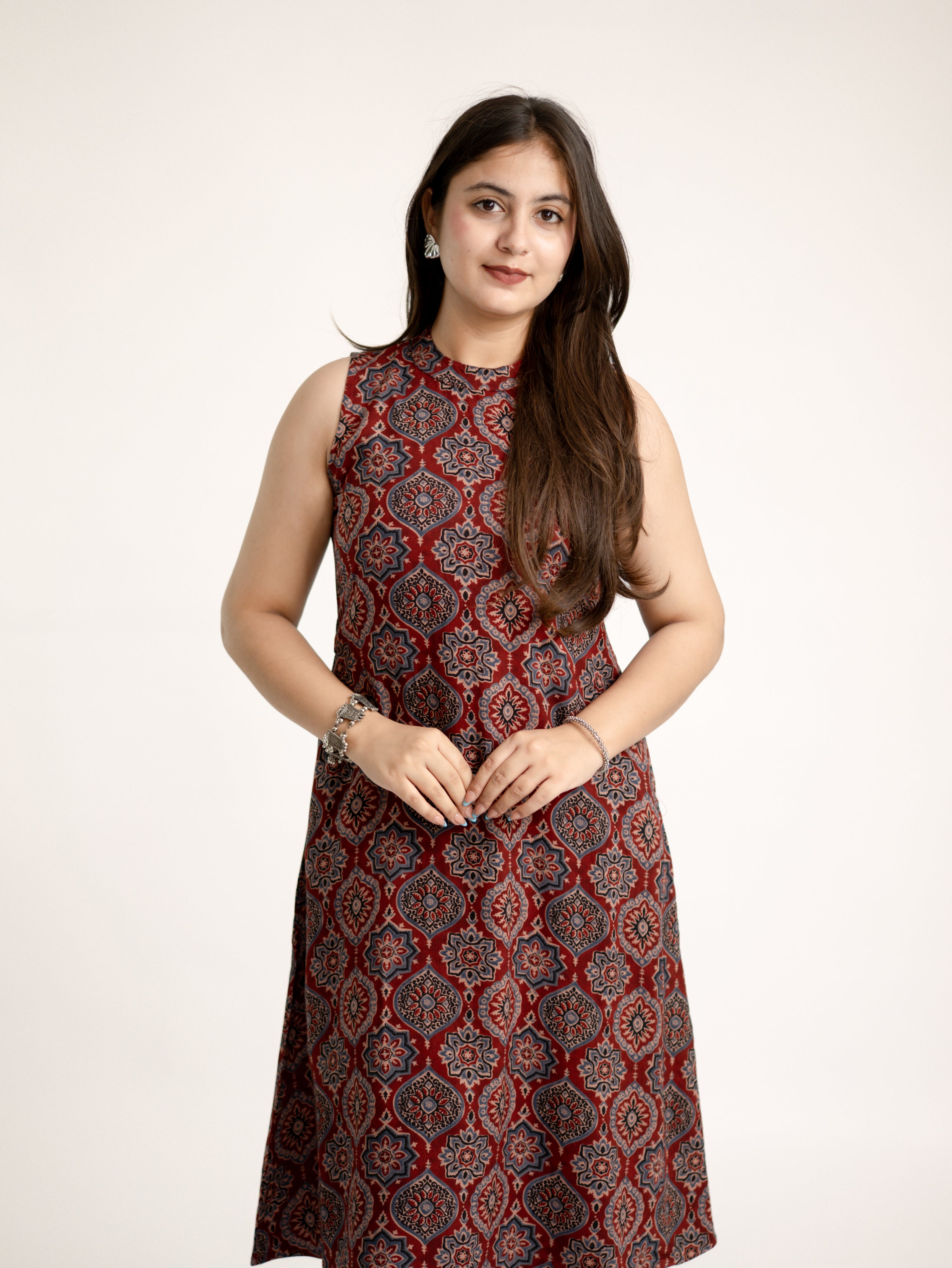 Lily Red Ajrakh Rayon A-line Coord Set