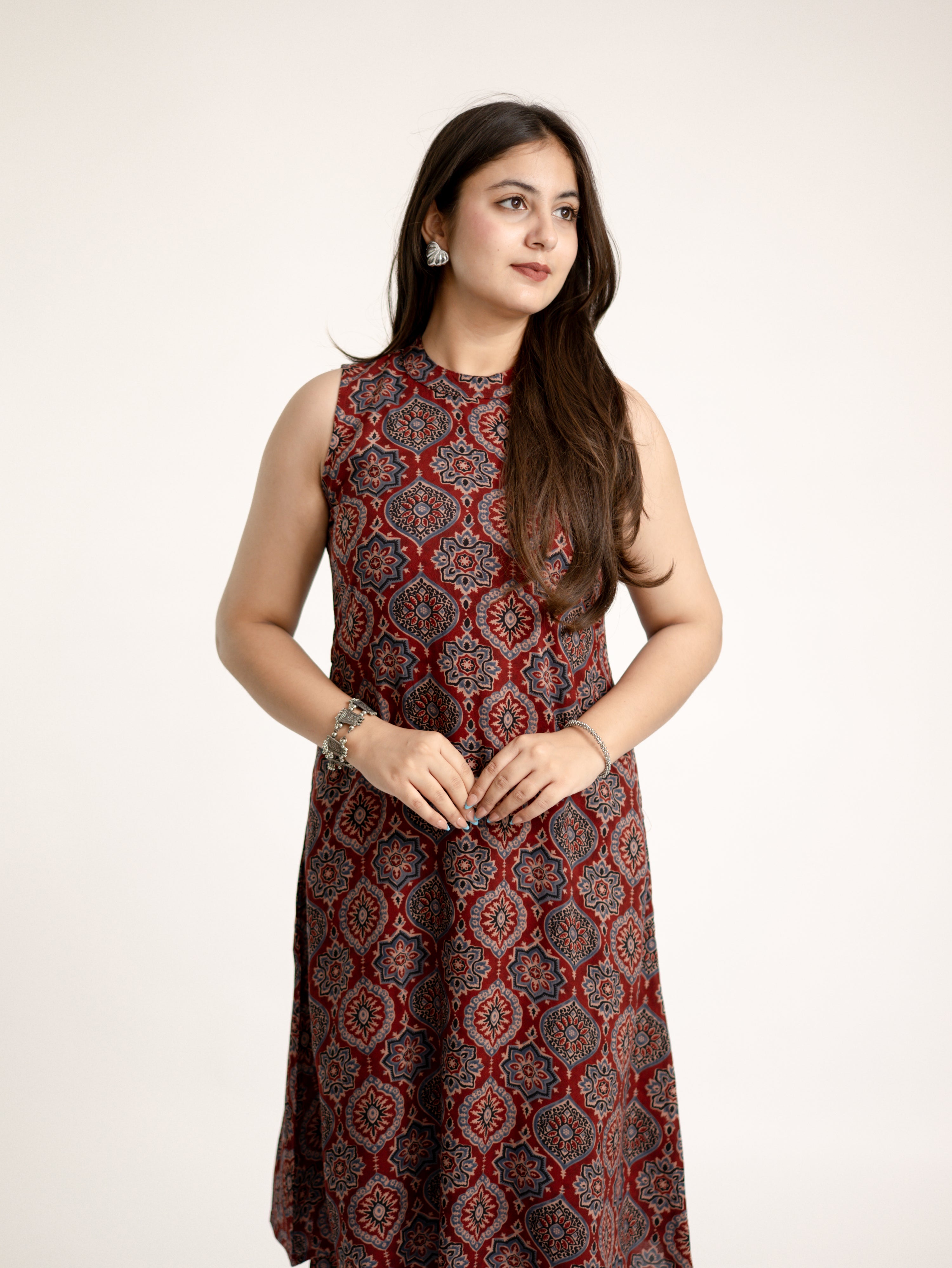 Lily Red Ajrakh Rayon A-line Coord Set