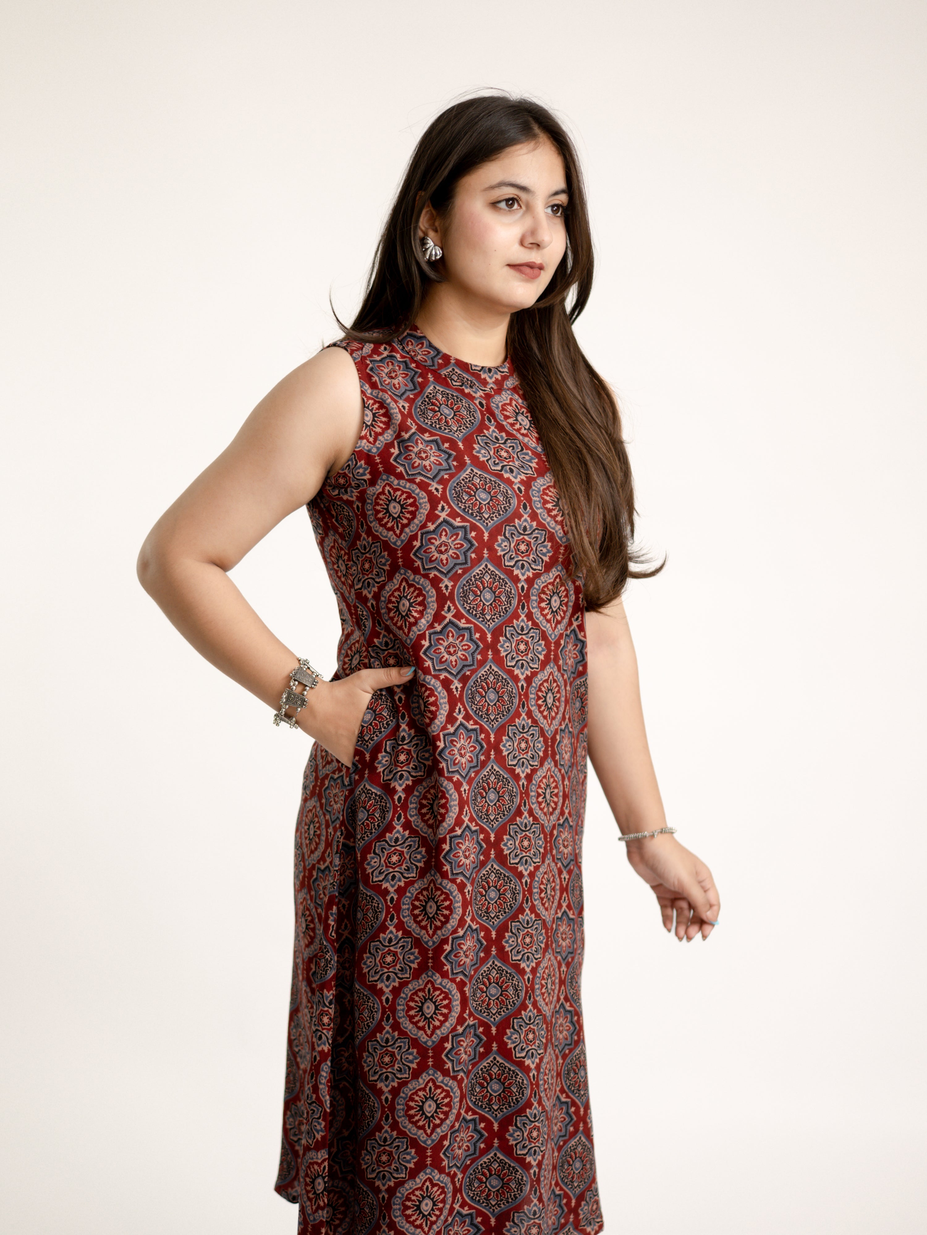 Lily Red Ajrakh Rayon A-line Coord Set