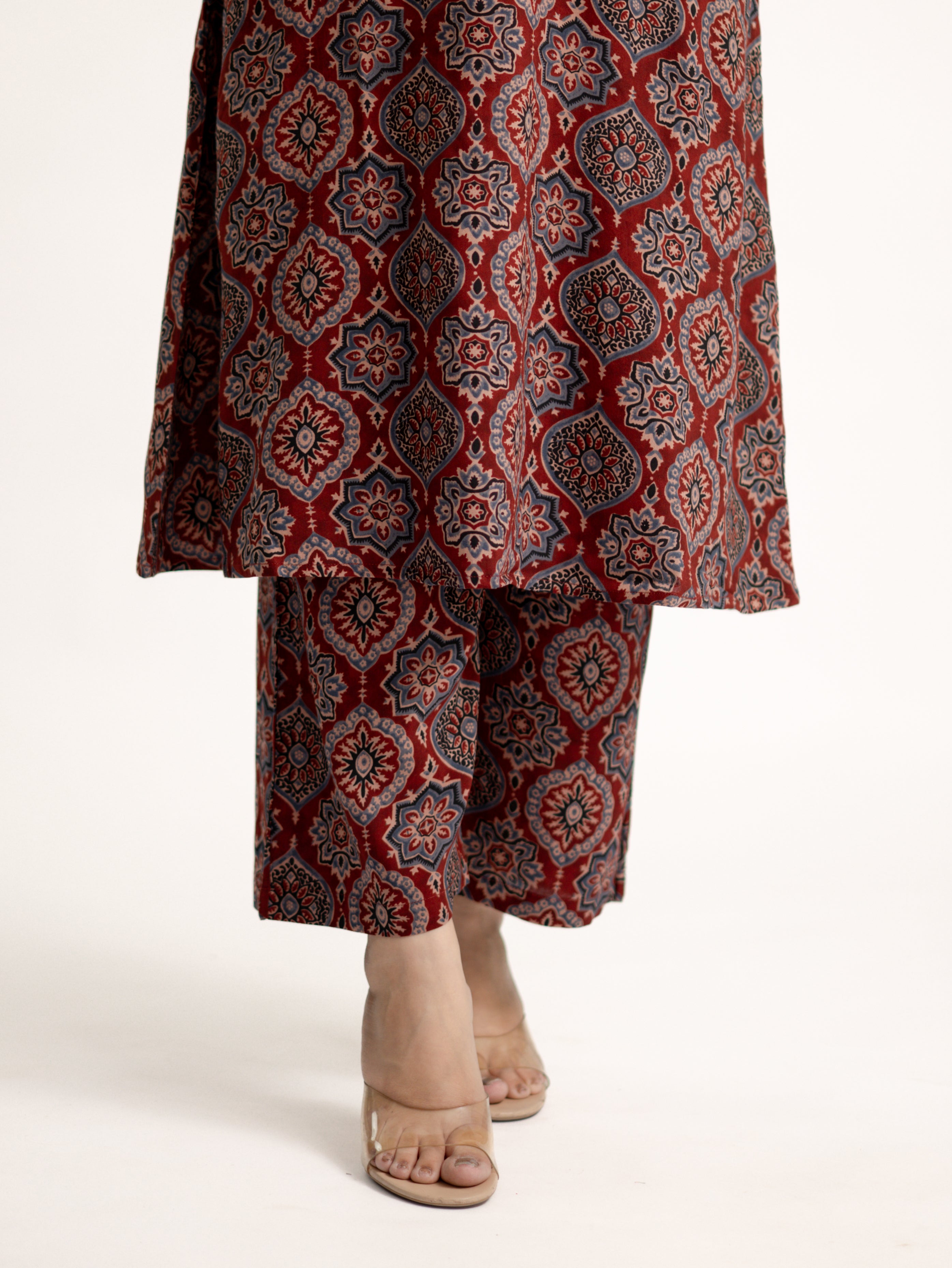 Lily Red Ajrakh Rayon A-line Coord Set