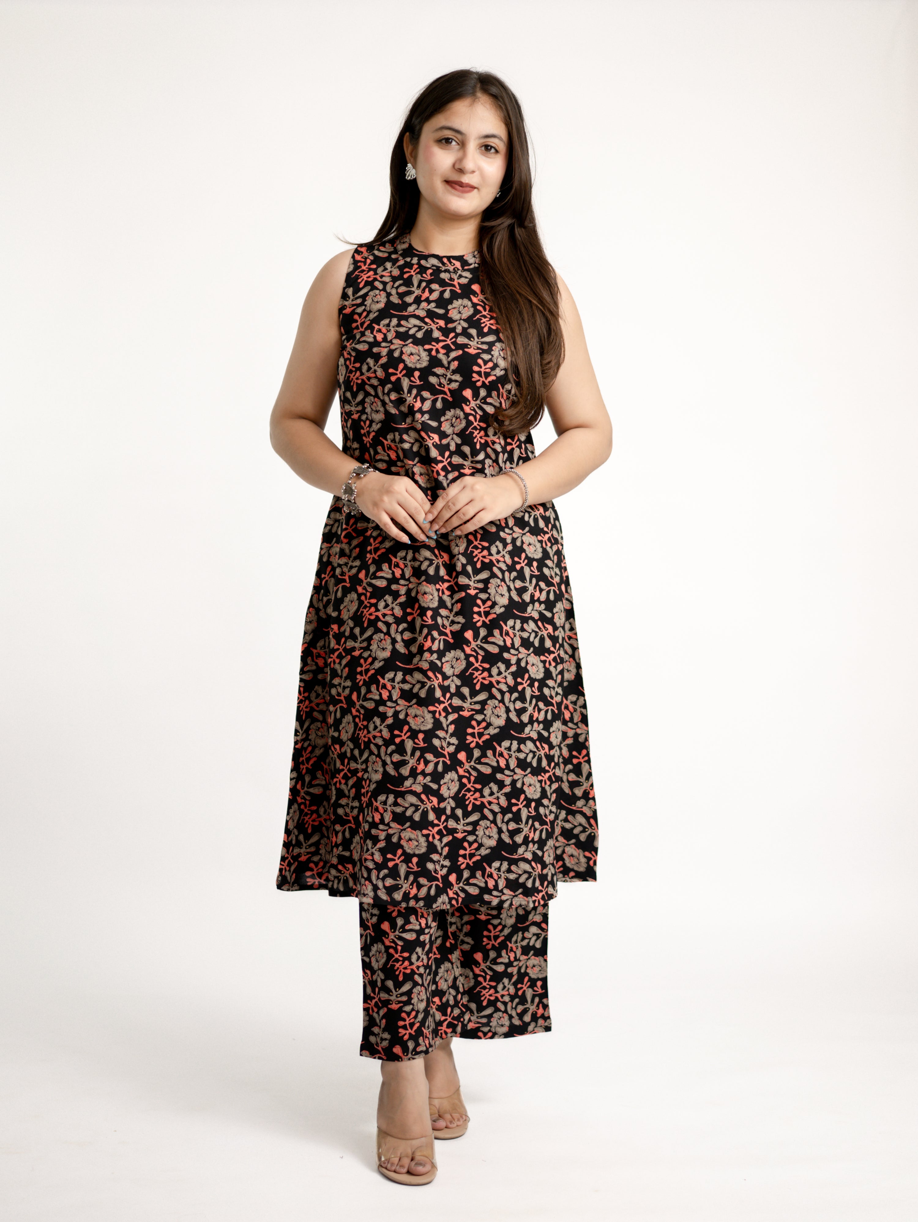 Evana Black Multicolor Floral Rayon A-line Coord Set