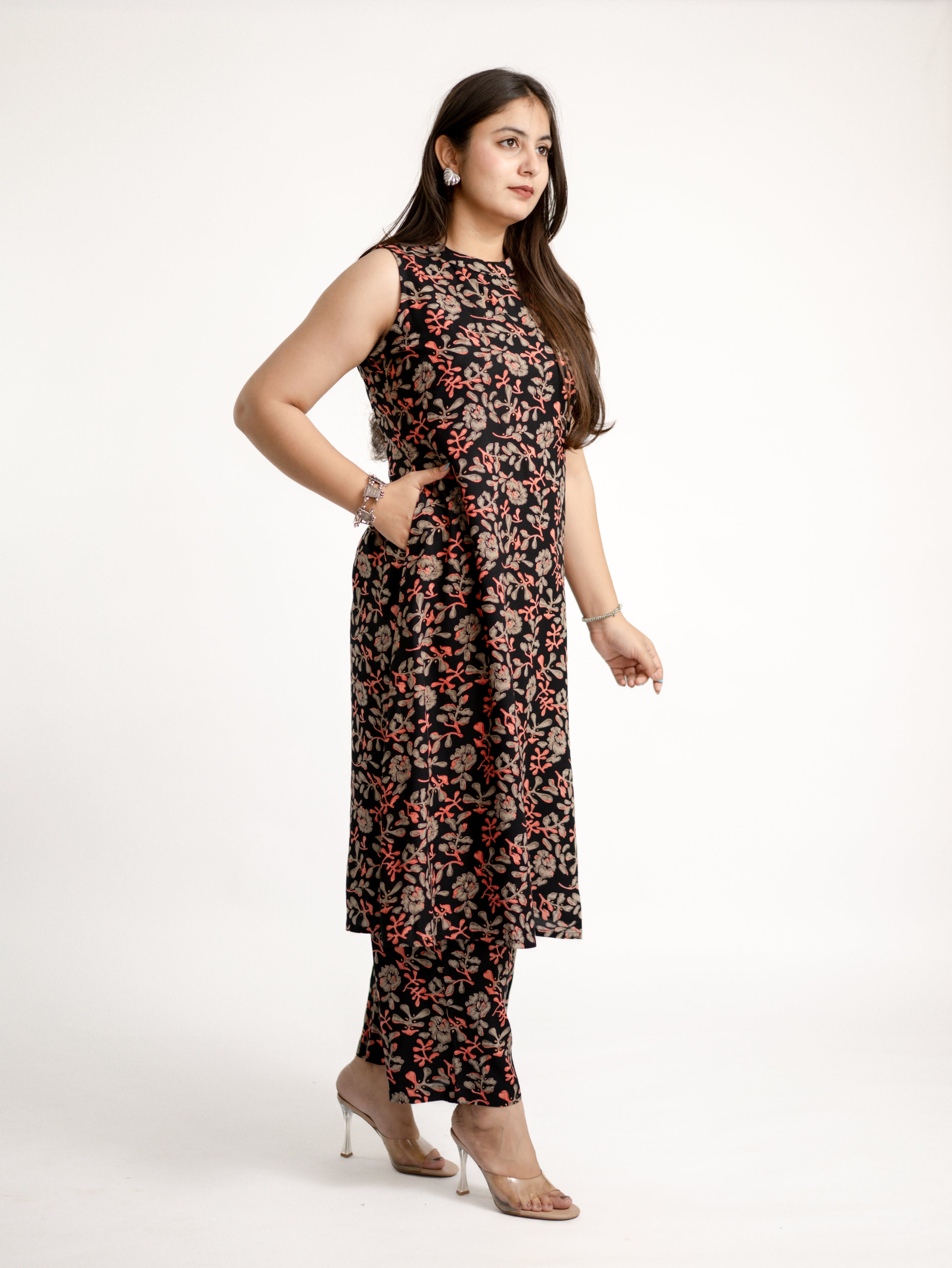 Evana Black Multicolor Floral Rayon A-line Coord Set