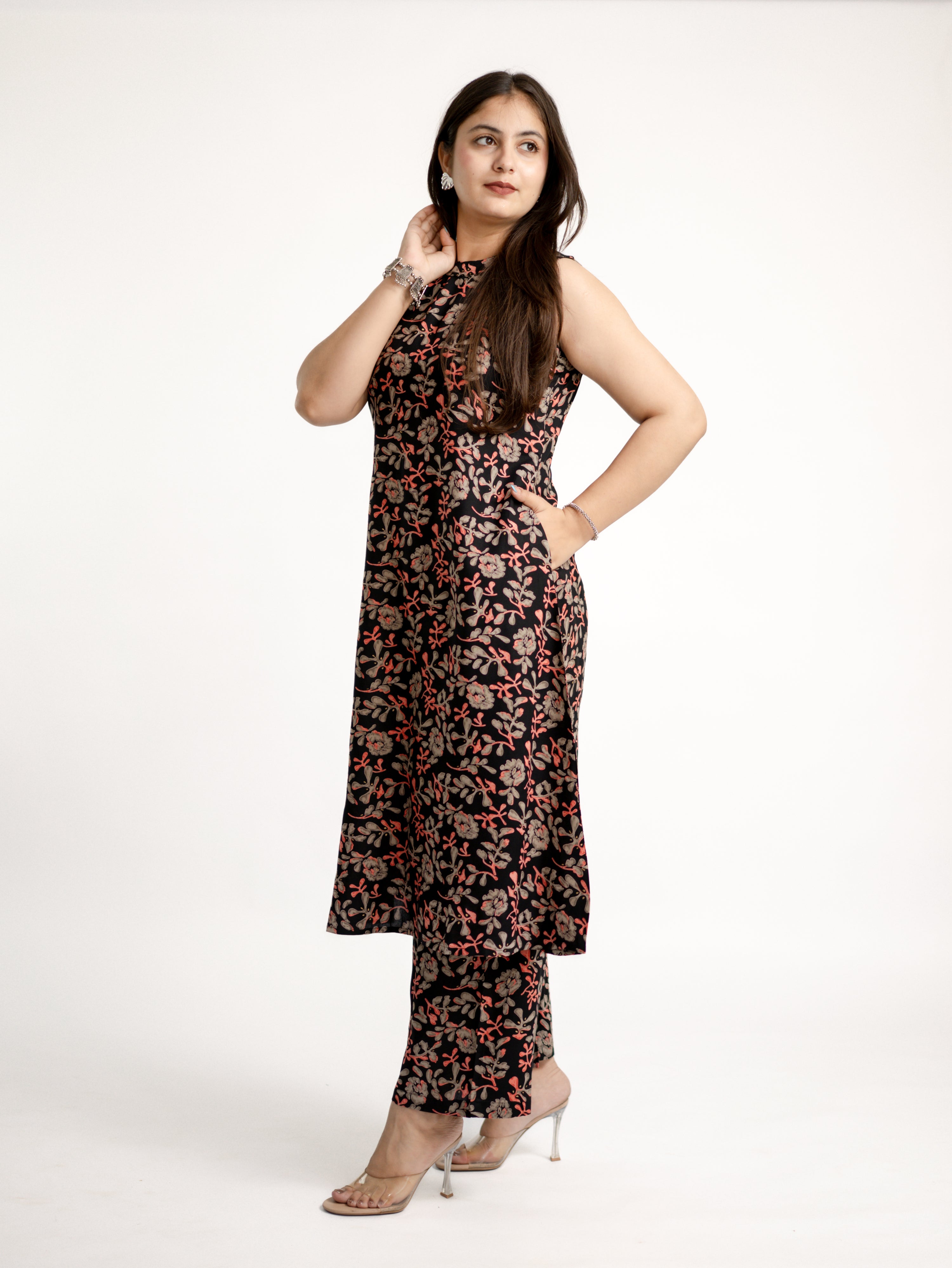 Evana Black Multicolor Floral Rayon A-line Coord Set