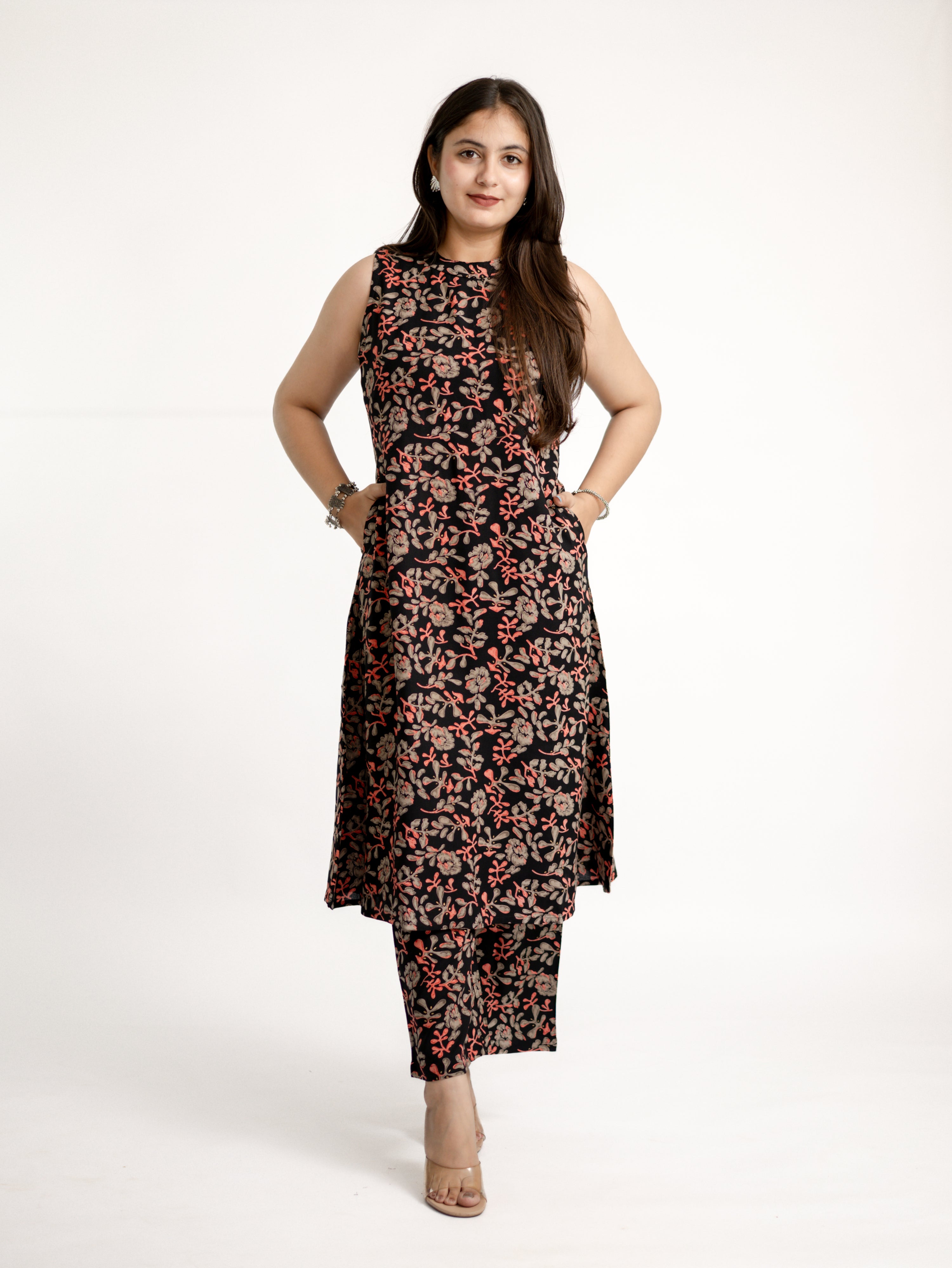 Evana Black Multicolor Floral Rayon A-line Coord Set