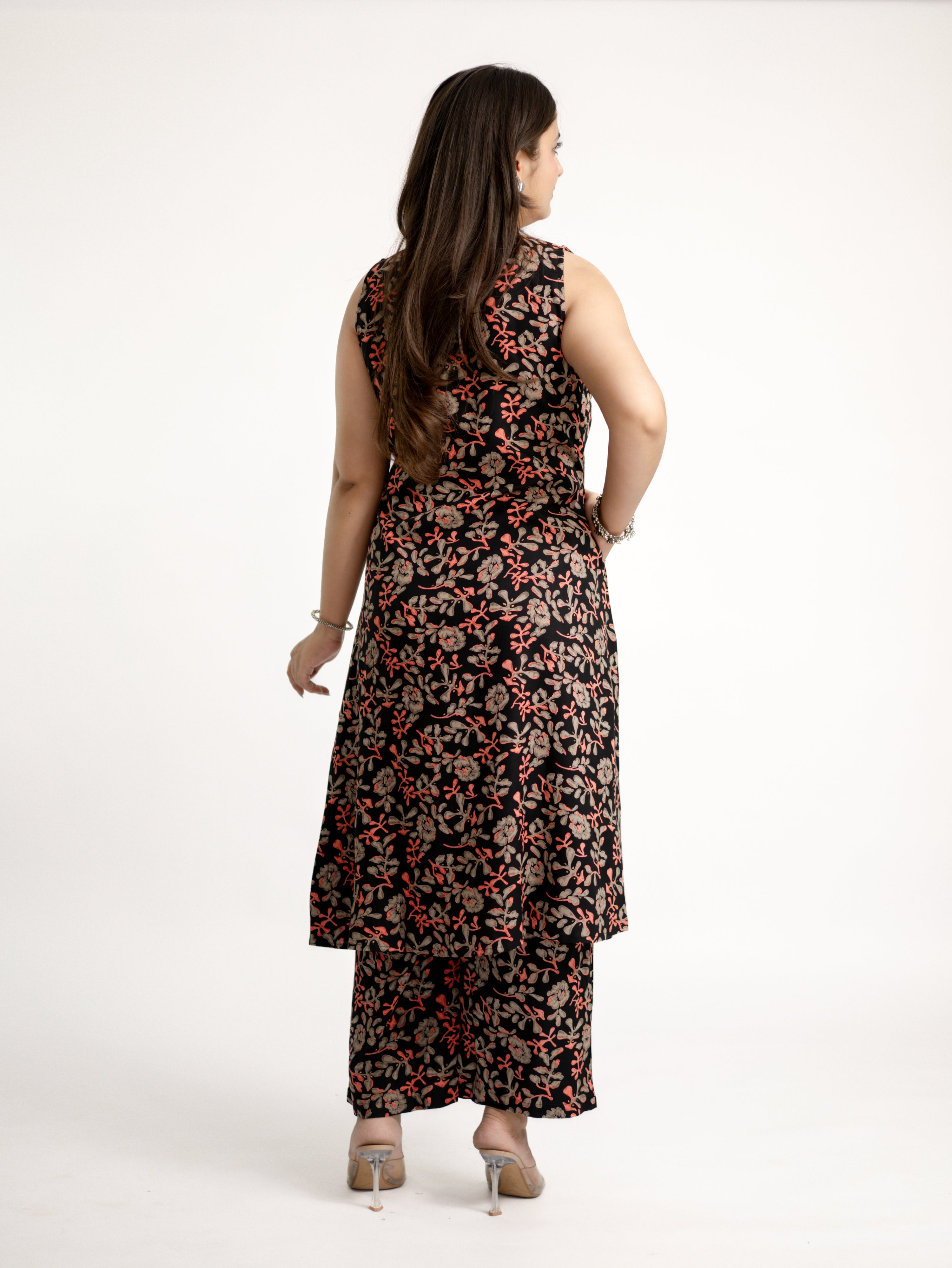 Evana Black Multicolor Floral Rayon A-line Coord Set
