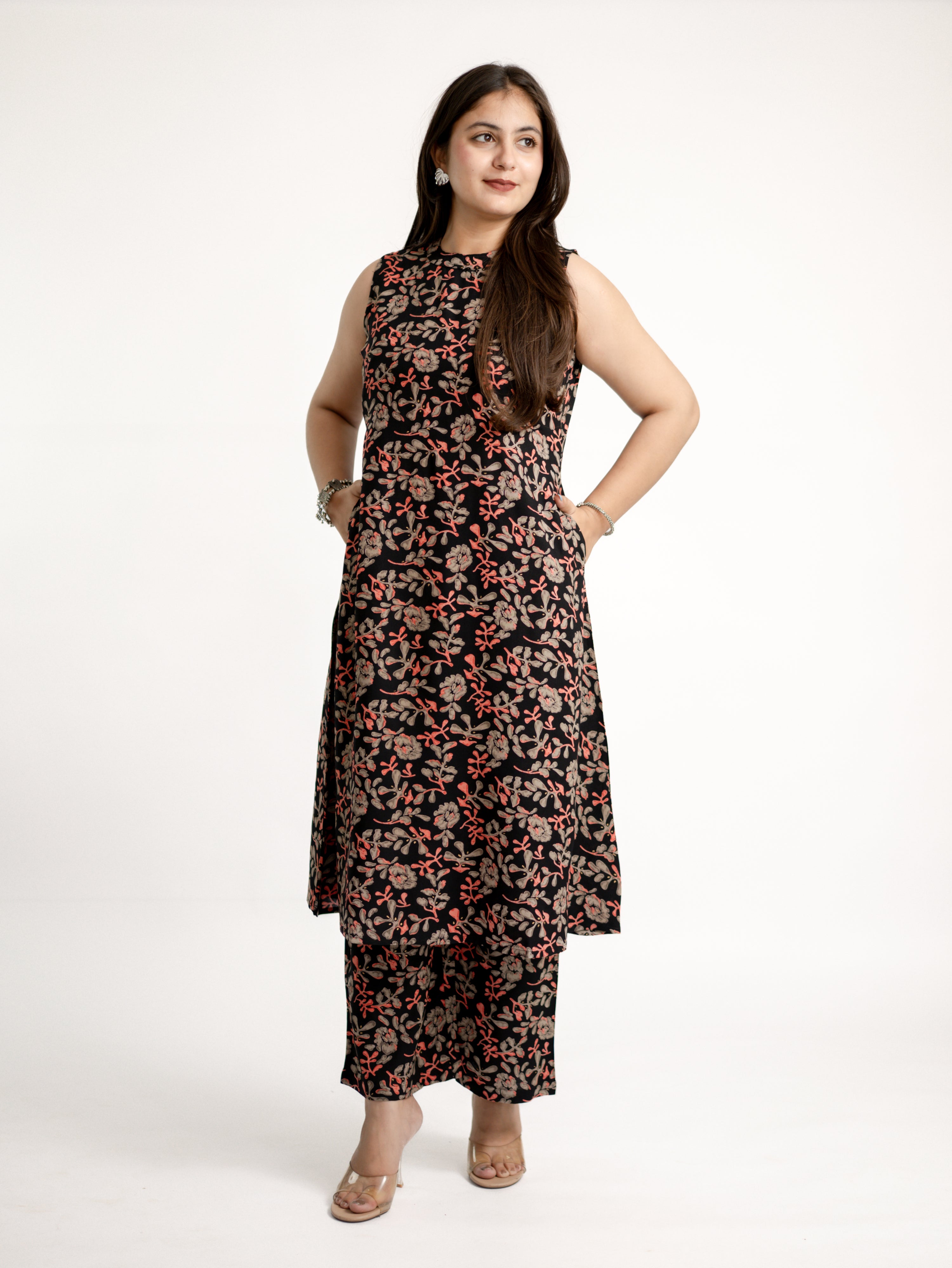 Evana Black Multicolor Floral Rayon A-line Coord Set