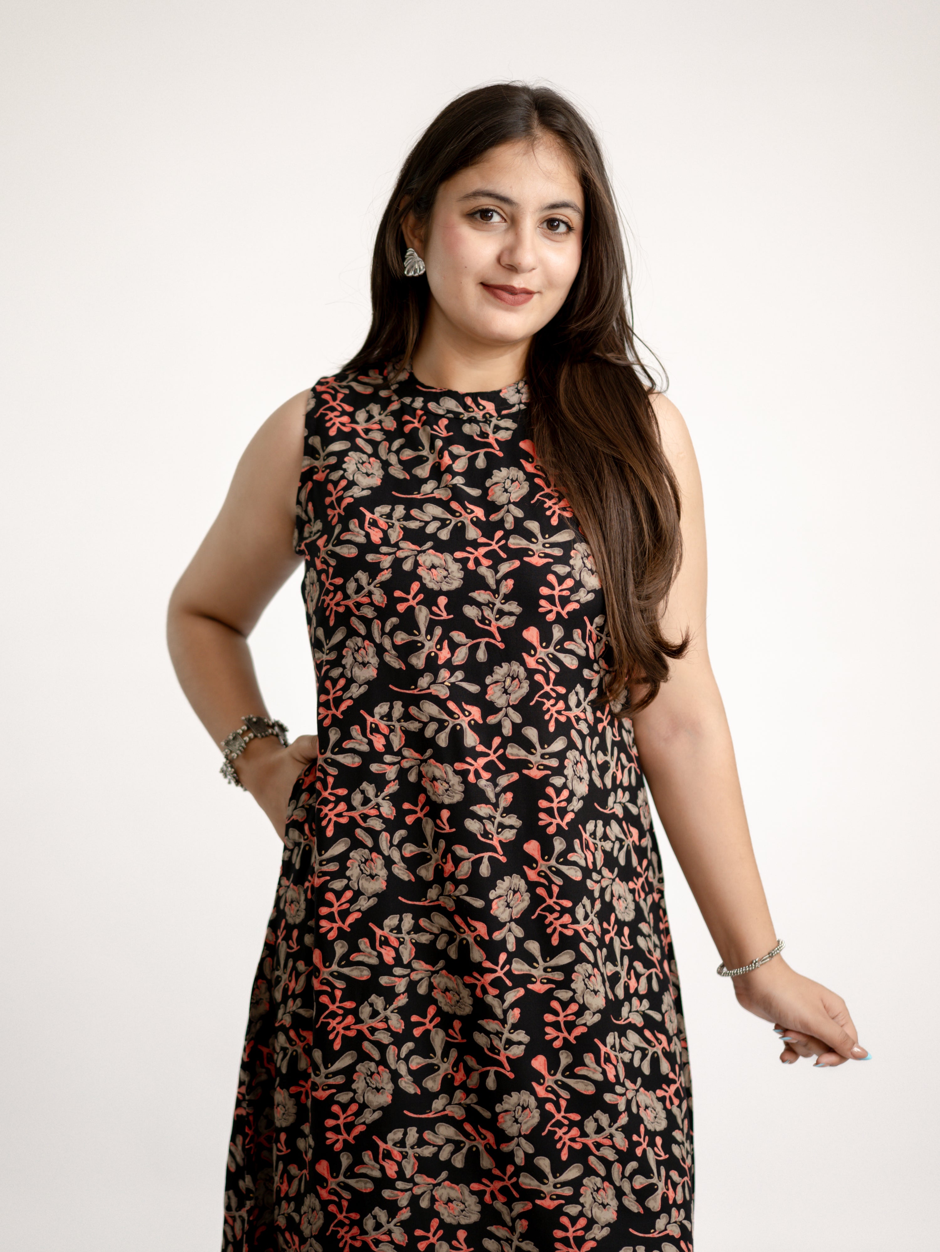 Evana Black Multicolor Floral Rayon A-line Coord Set