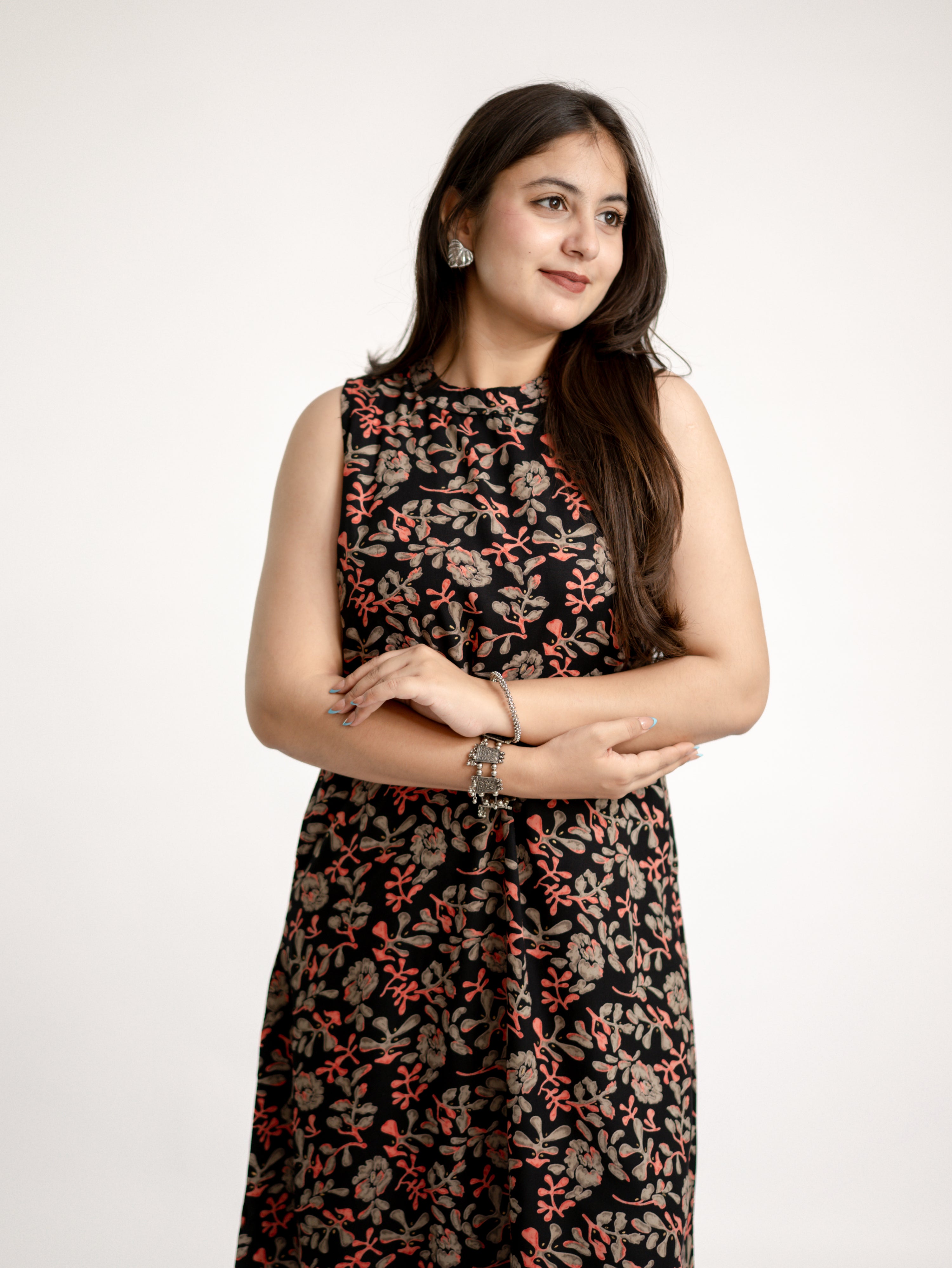 Evana Black Multicolor Floral Rayon A-line Coord Set