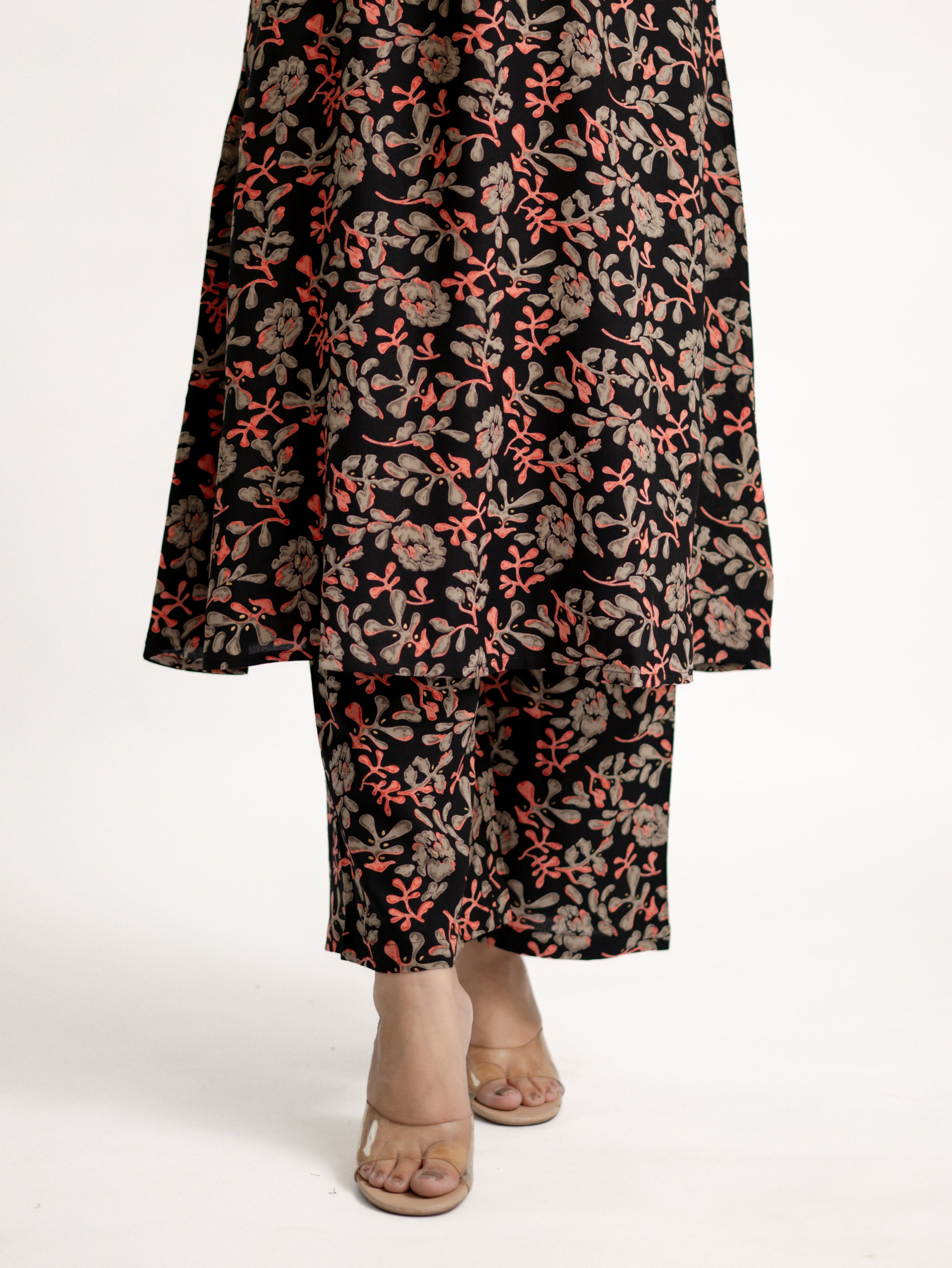 Evana Black Multicolor Floral Rayon A-line Coord Set