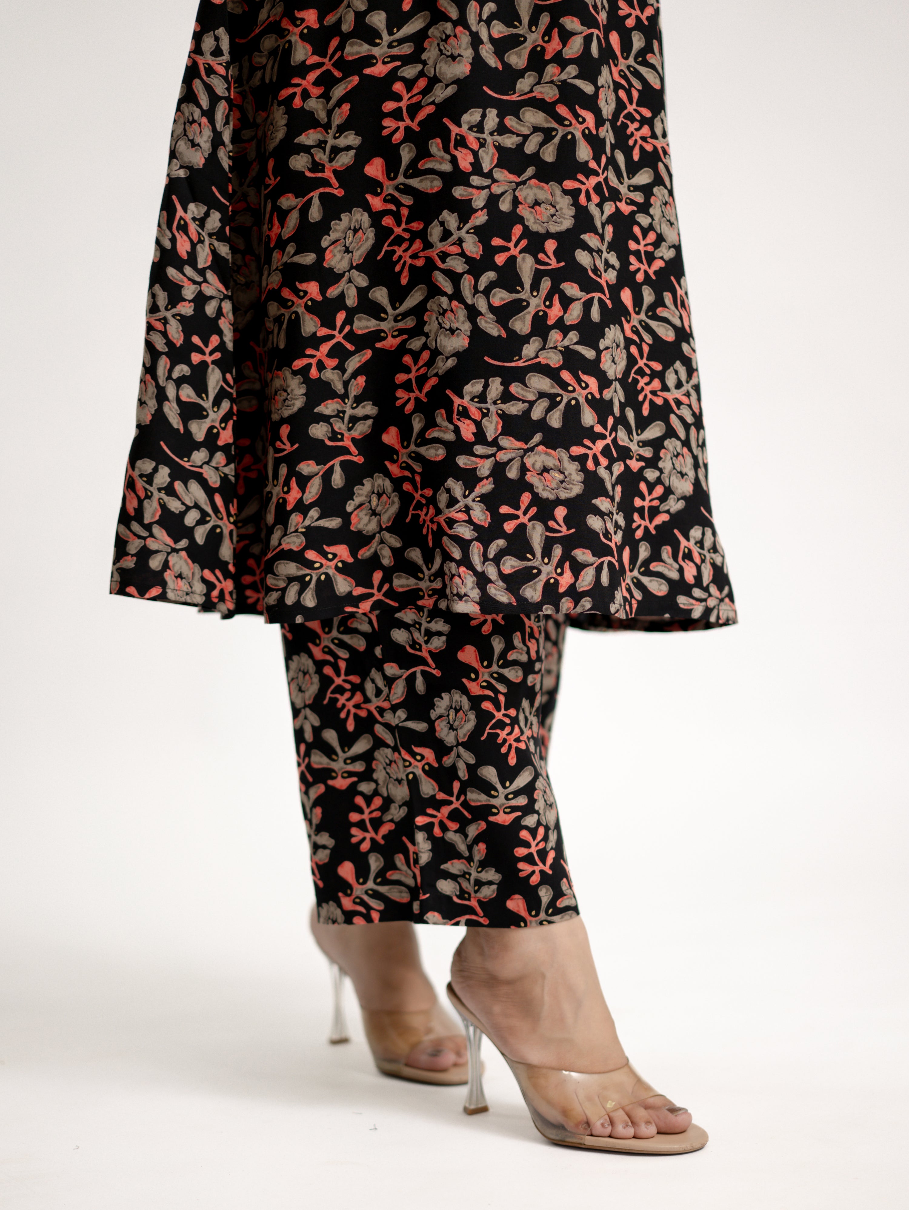 Evana Black Multicolor Floral Rayon A-line Coord Set