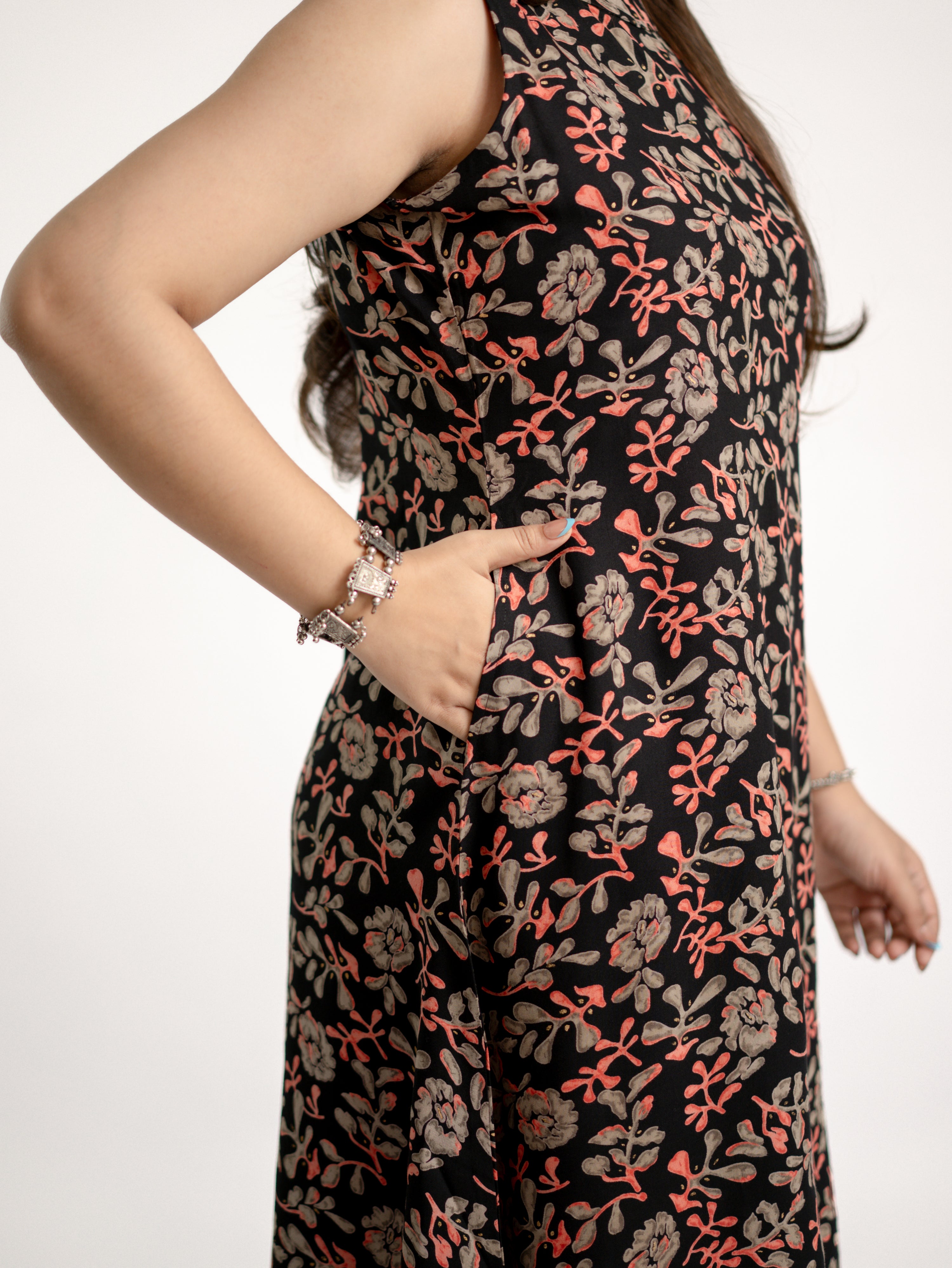 Evana Black Multicolor Floral Rayon A-line Coord Set
