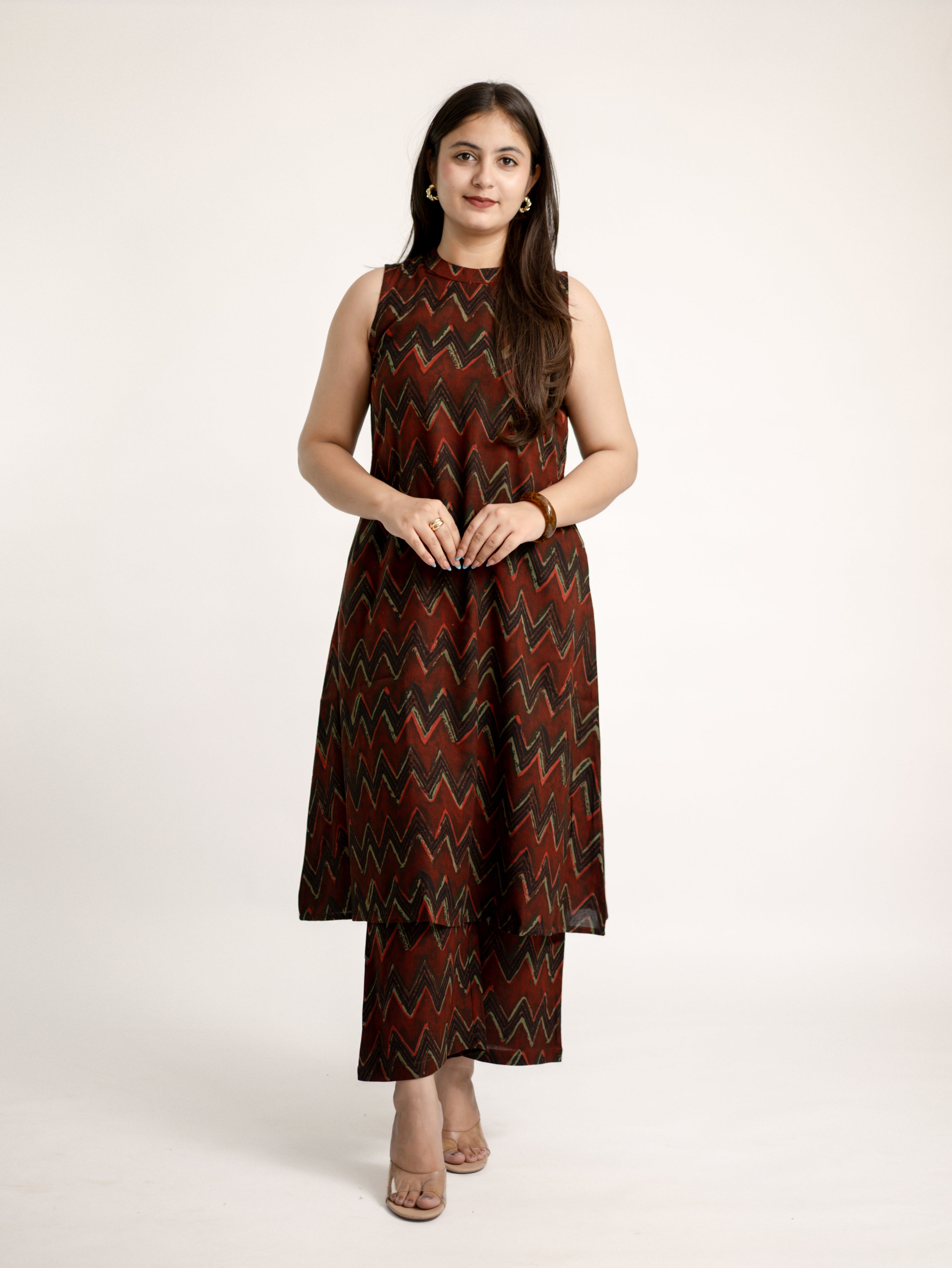 Luna Maroon Zigzag Rayon A-line Coord Set