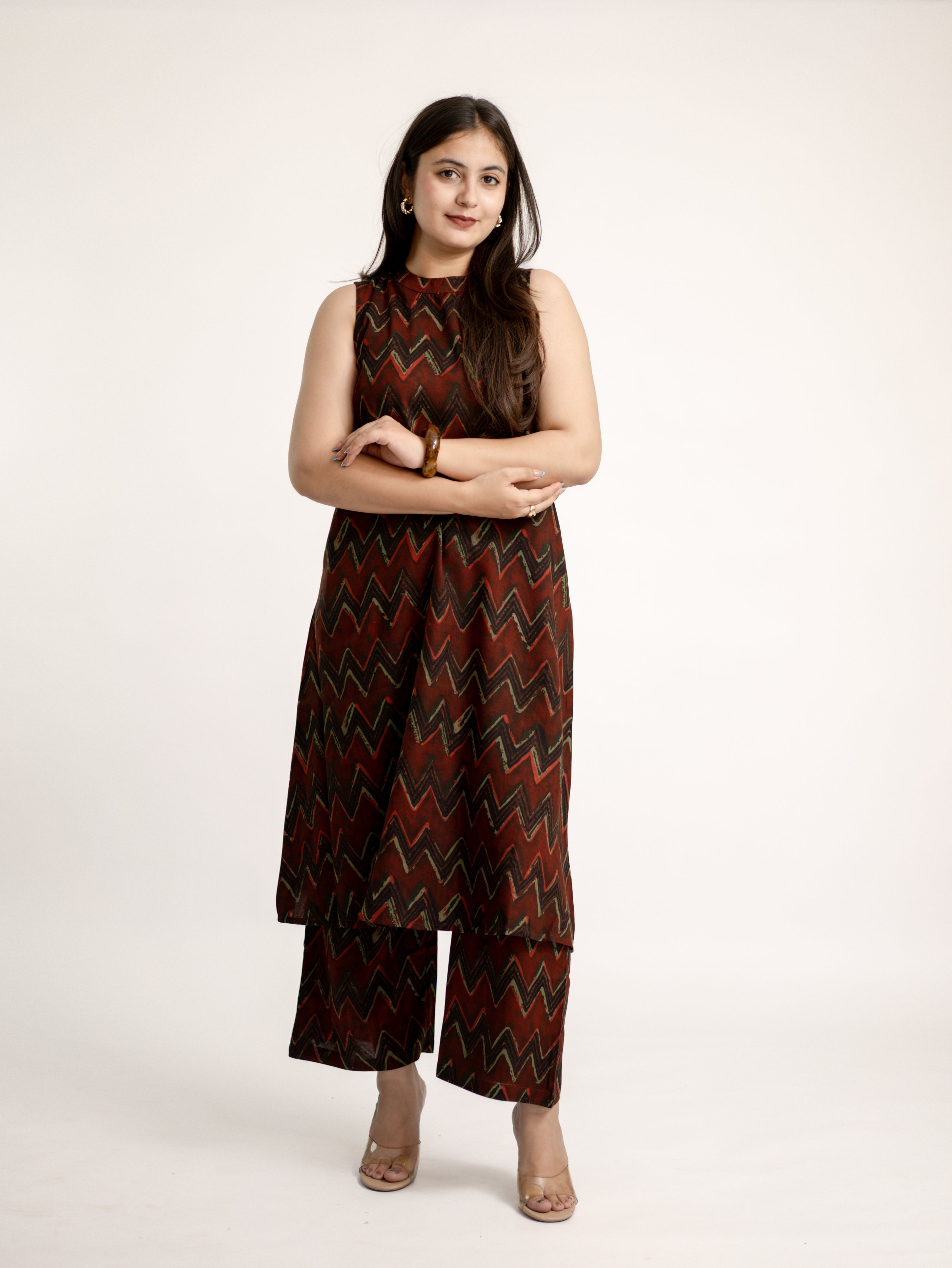 Luna Maroon Zigzag Rayon A-line Coord Set