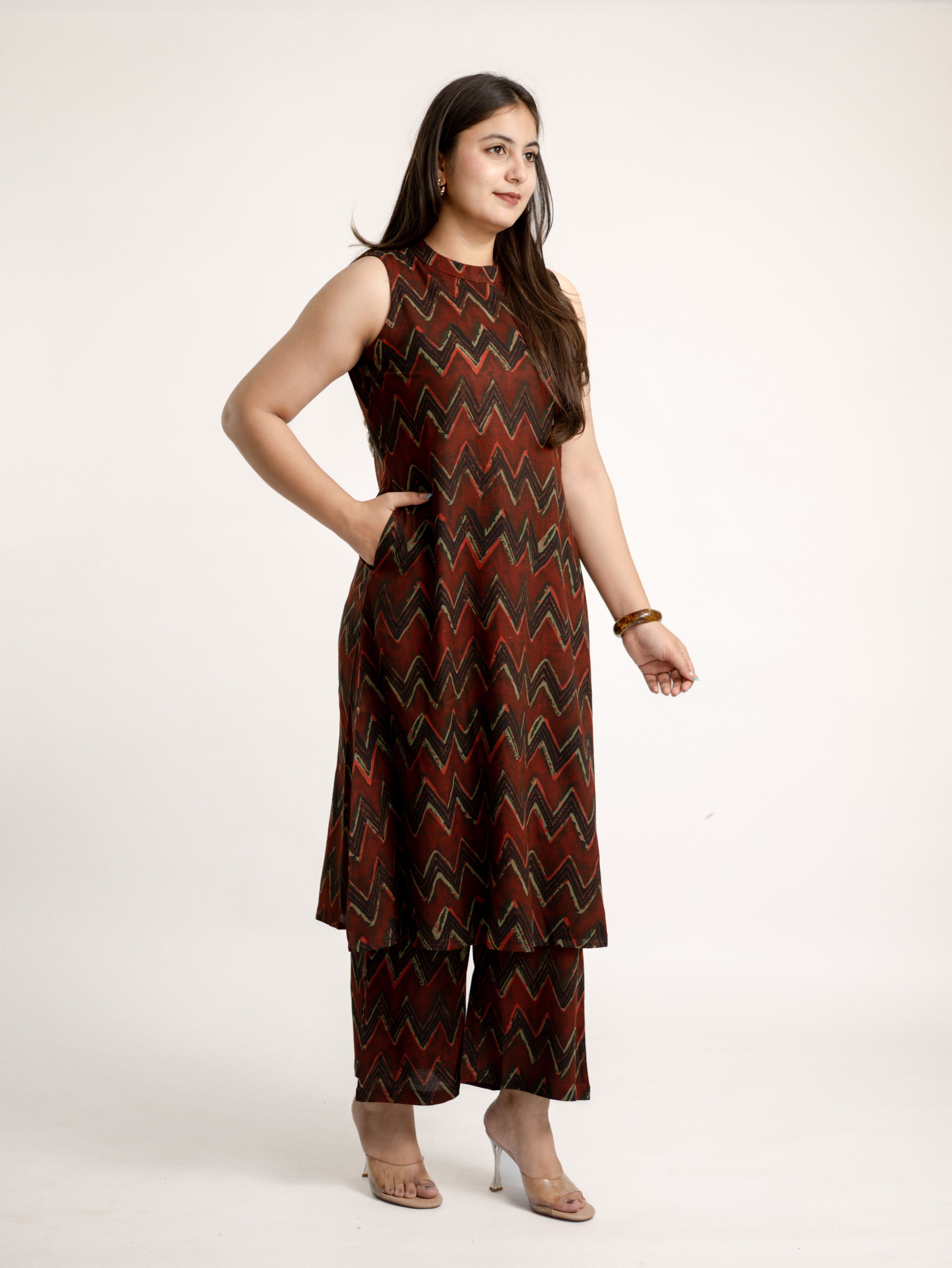 Luna Maroon Zigzag Rayon A-line Coord Set
