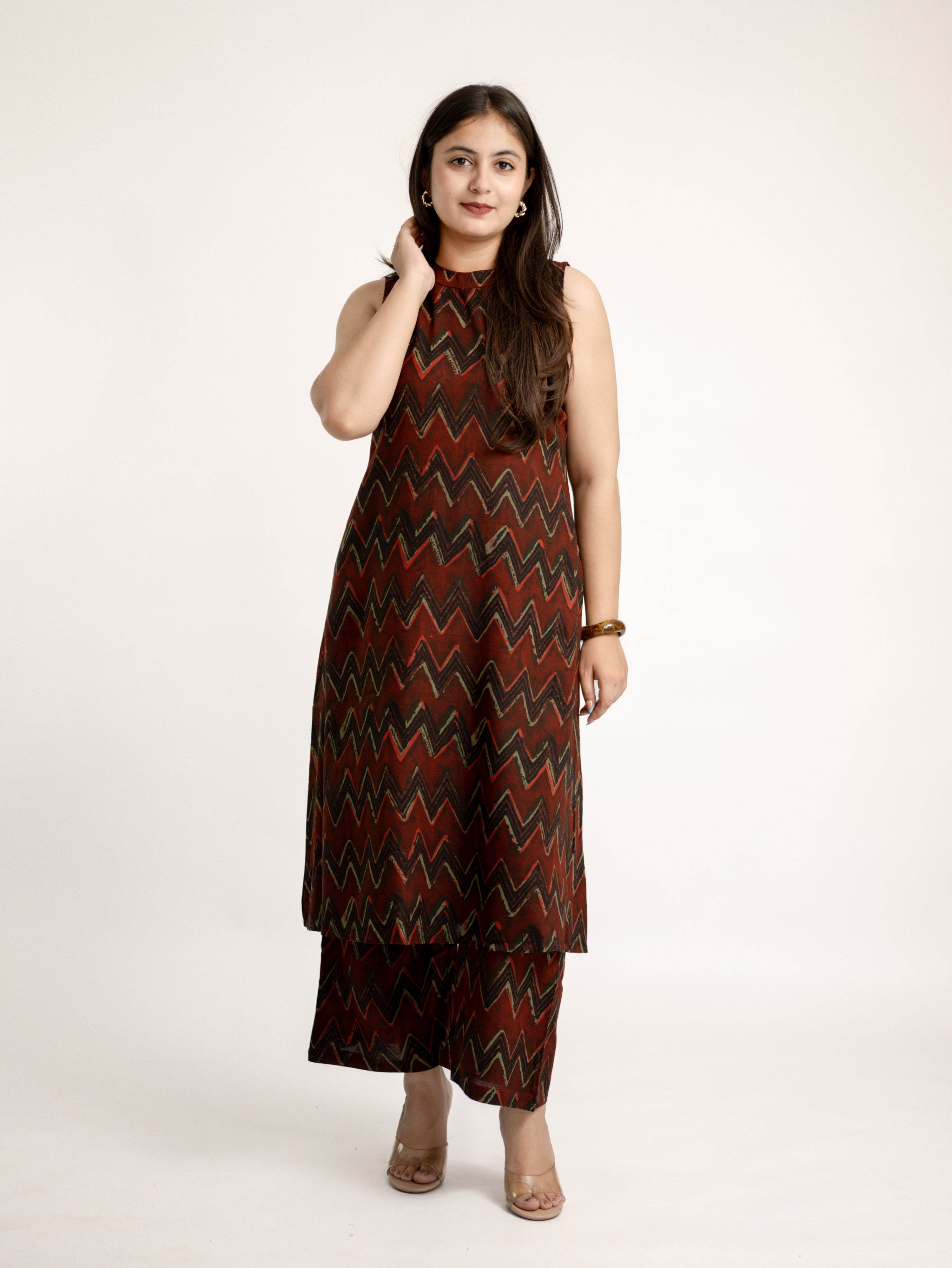 Luna Maroon Zigzag Rayon A-line Coord Set