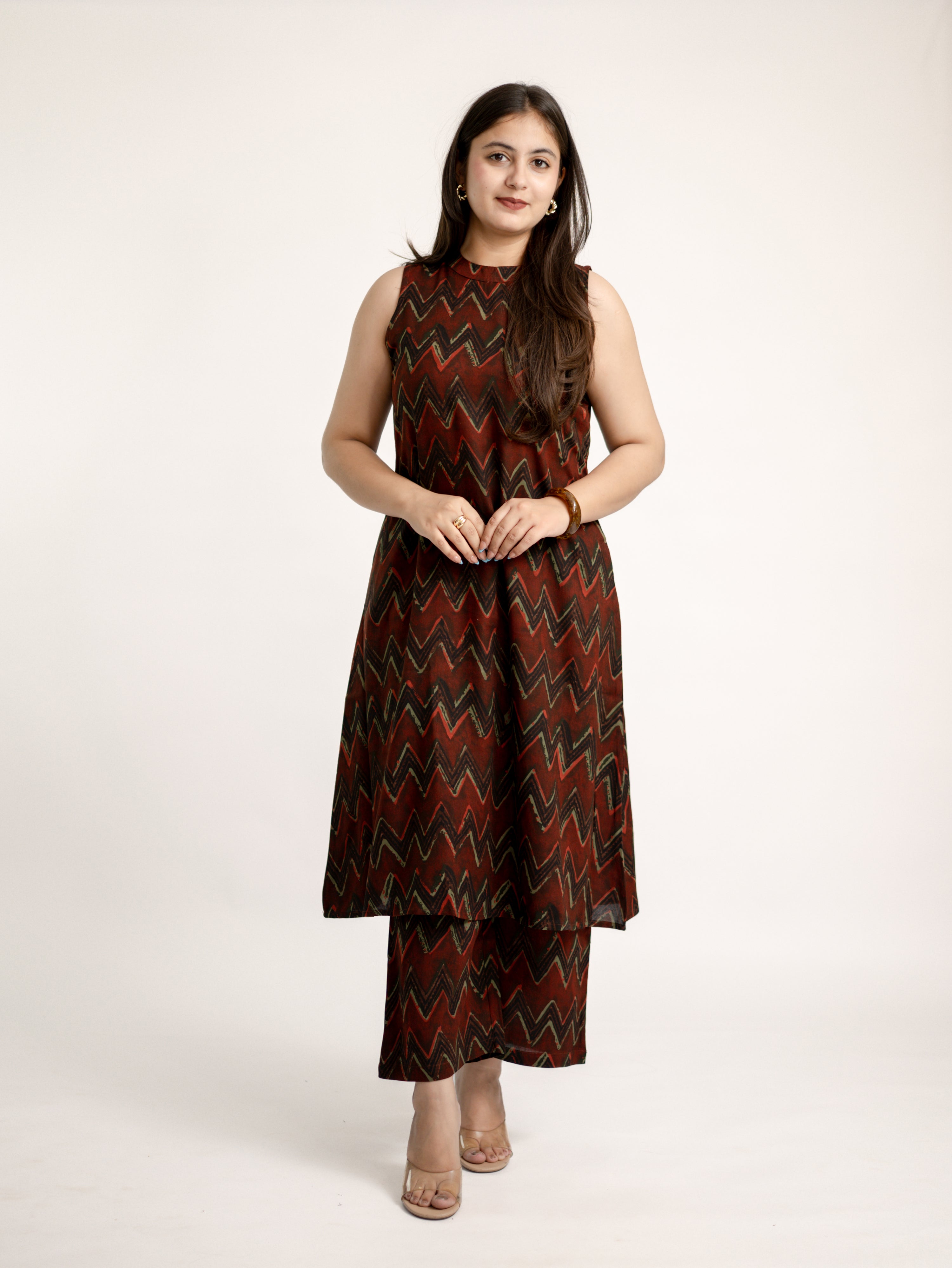 Luna Maroon Zigzag Rayon A-line Coord Set
