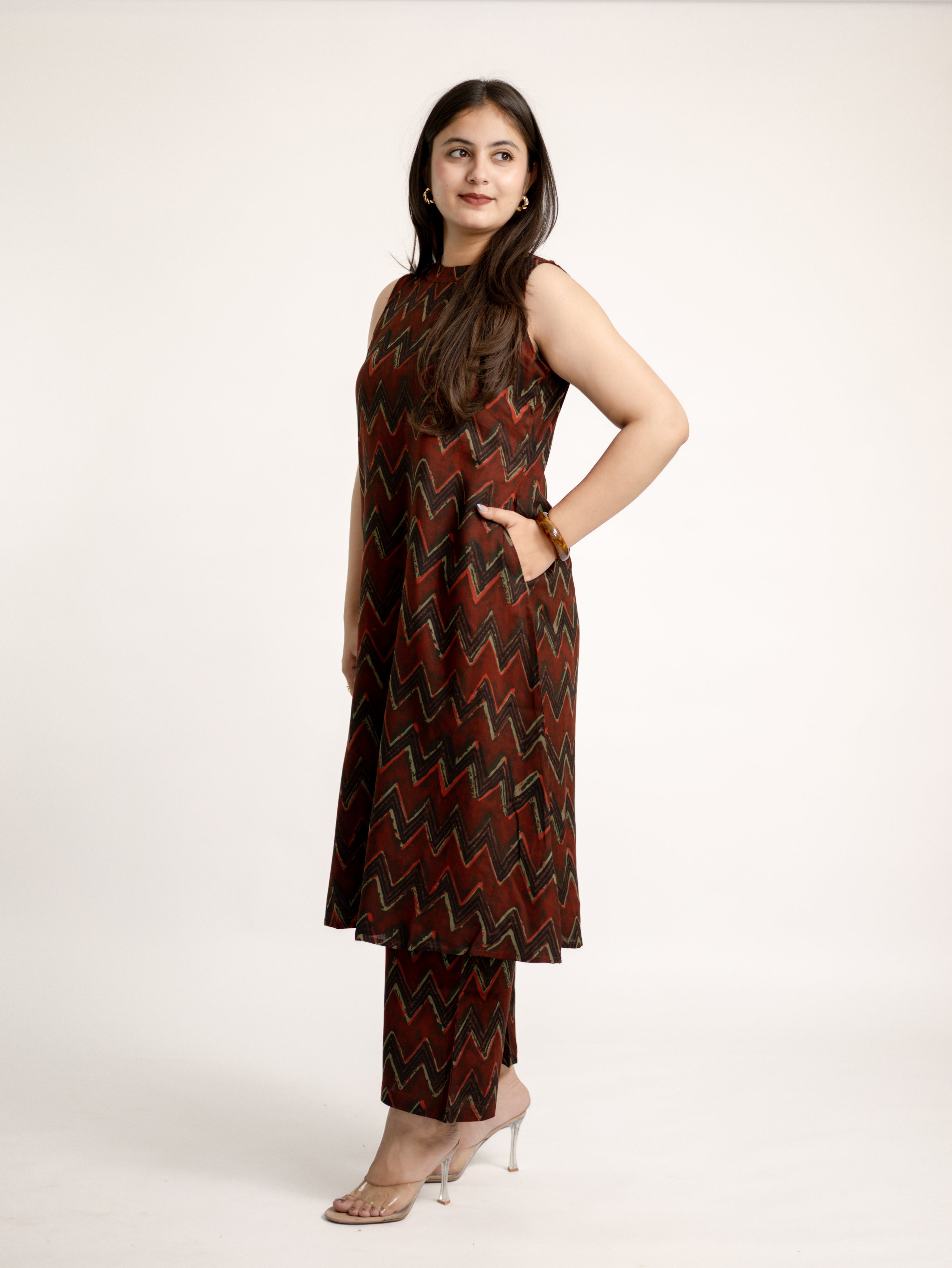 Luna Maroon Zigzag Rayon A-line Coord Set