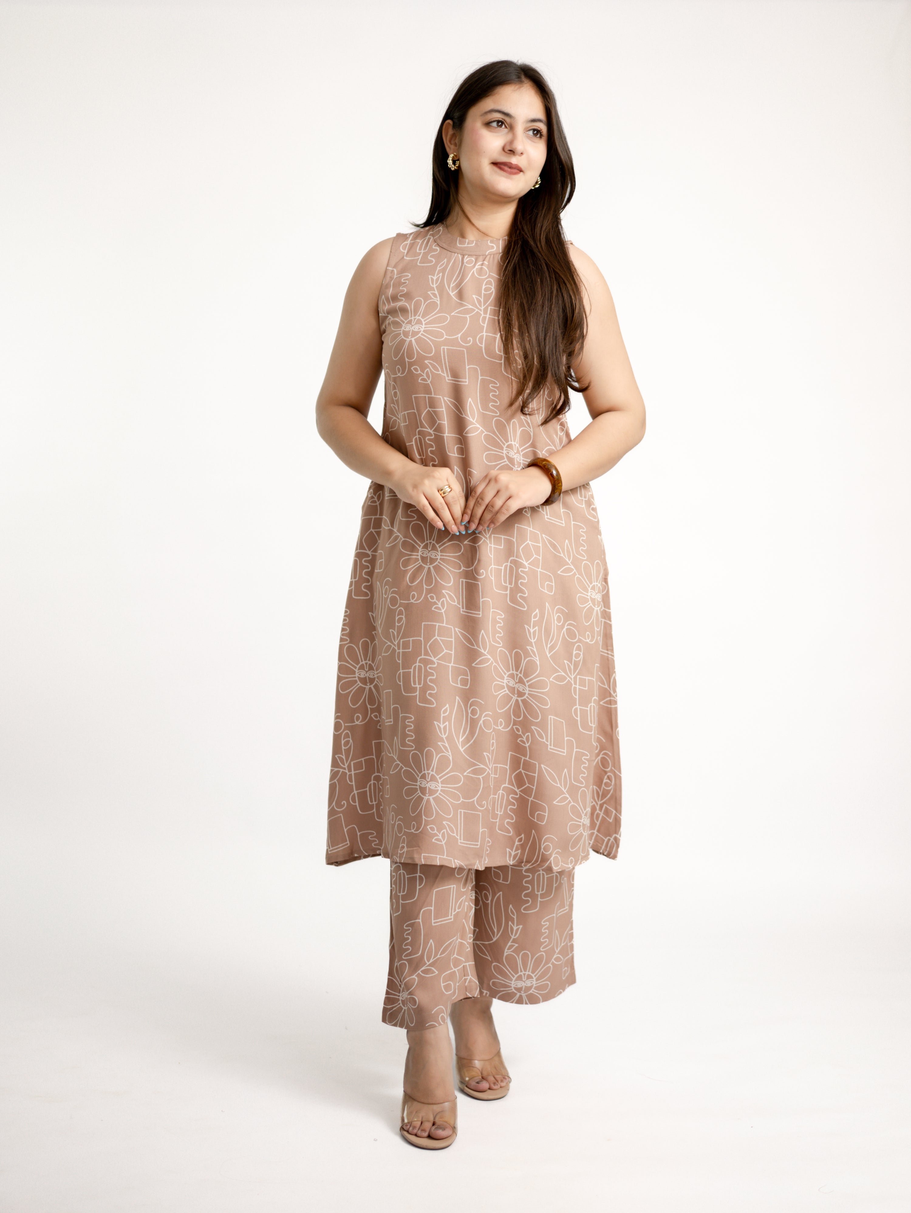 Beige Geometric Floral Rayon A-line Coord Set