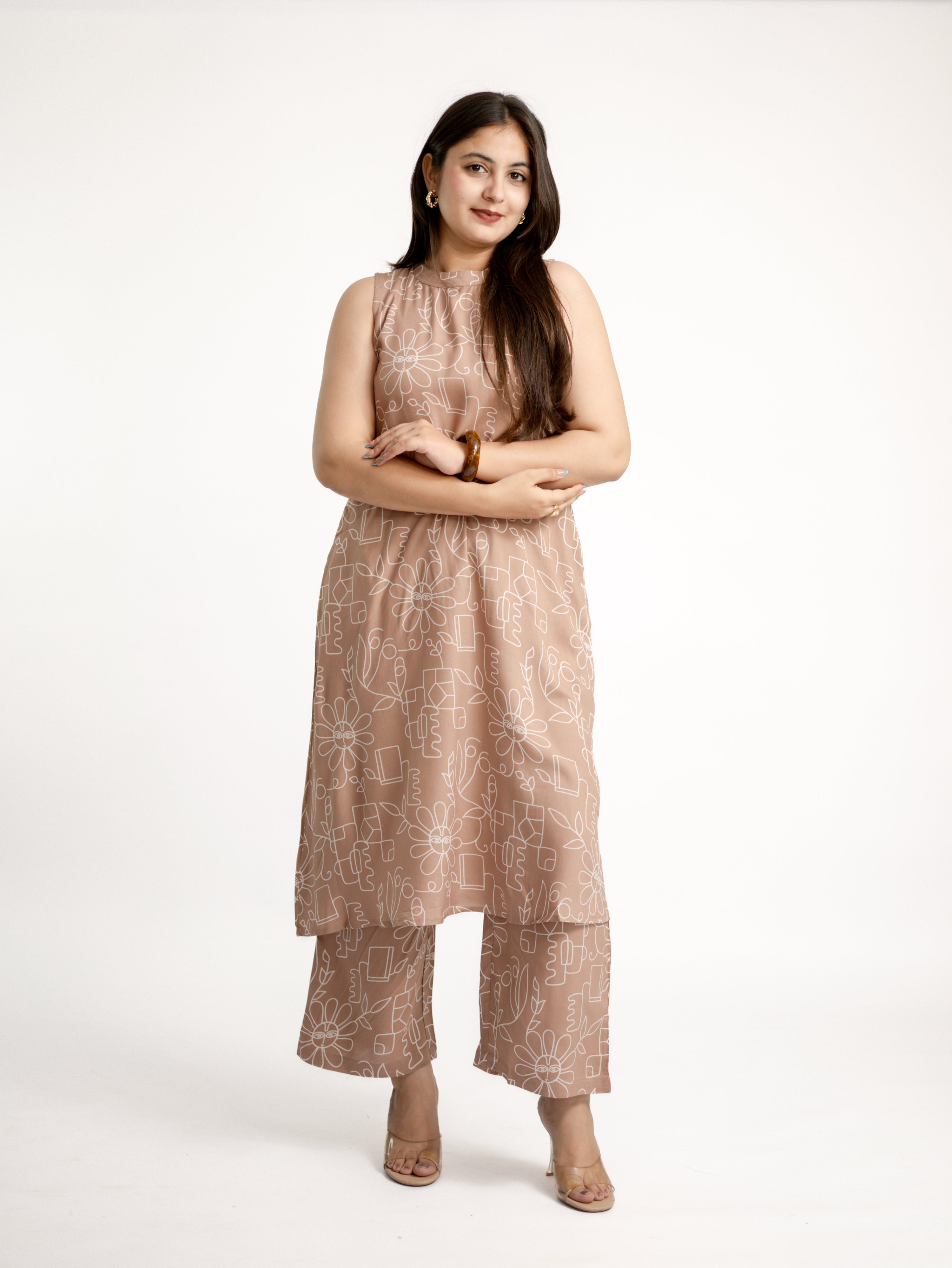 Beige Geometric Floral Rayon A-line Coord Set