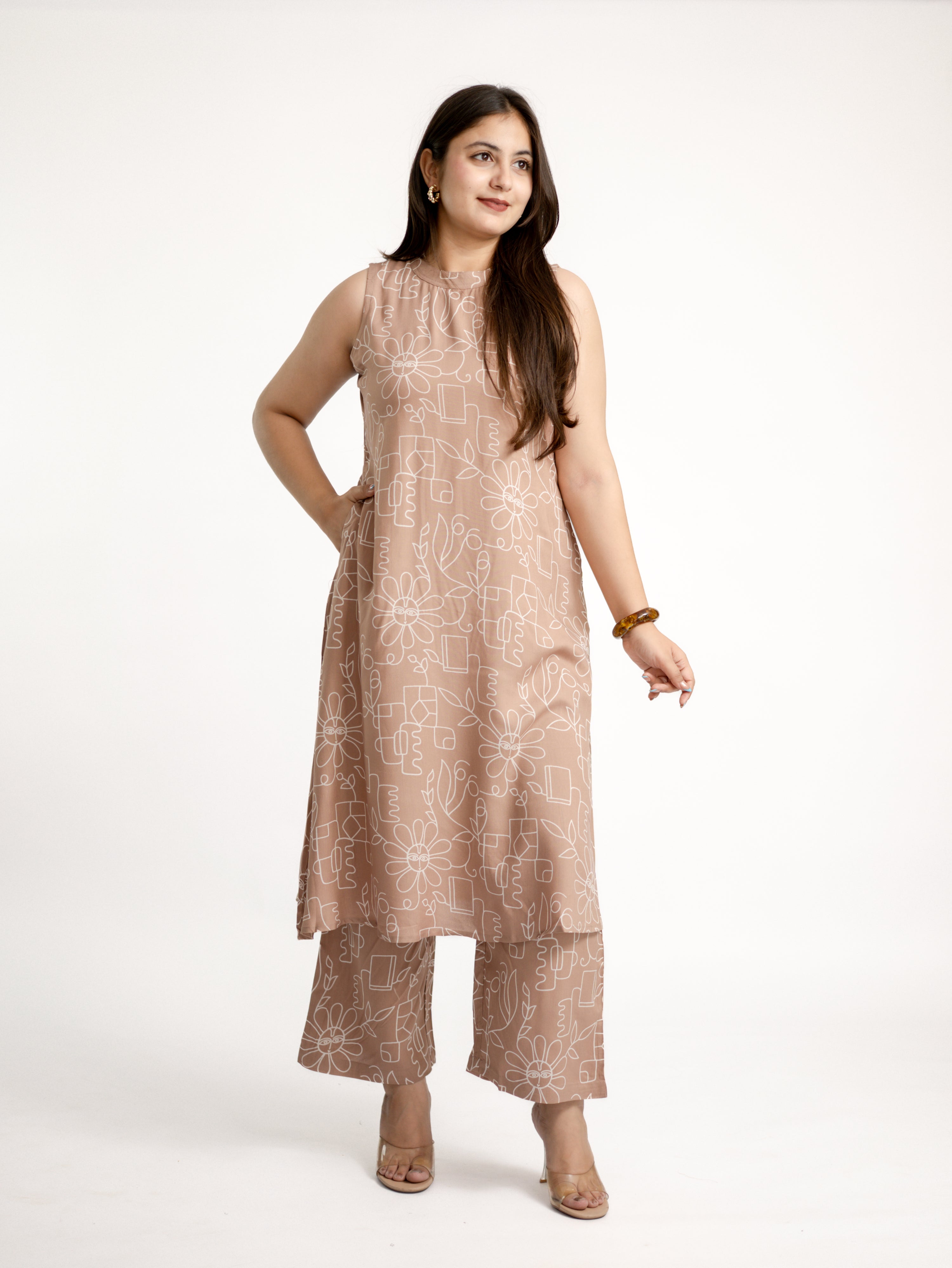 Beige Geometric Floral Rayon A-line Coord Set