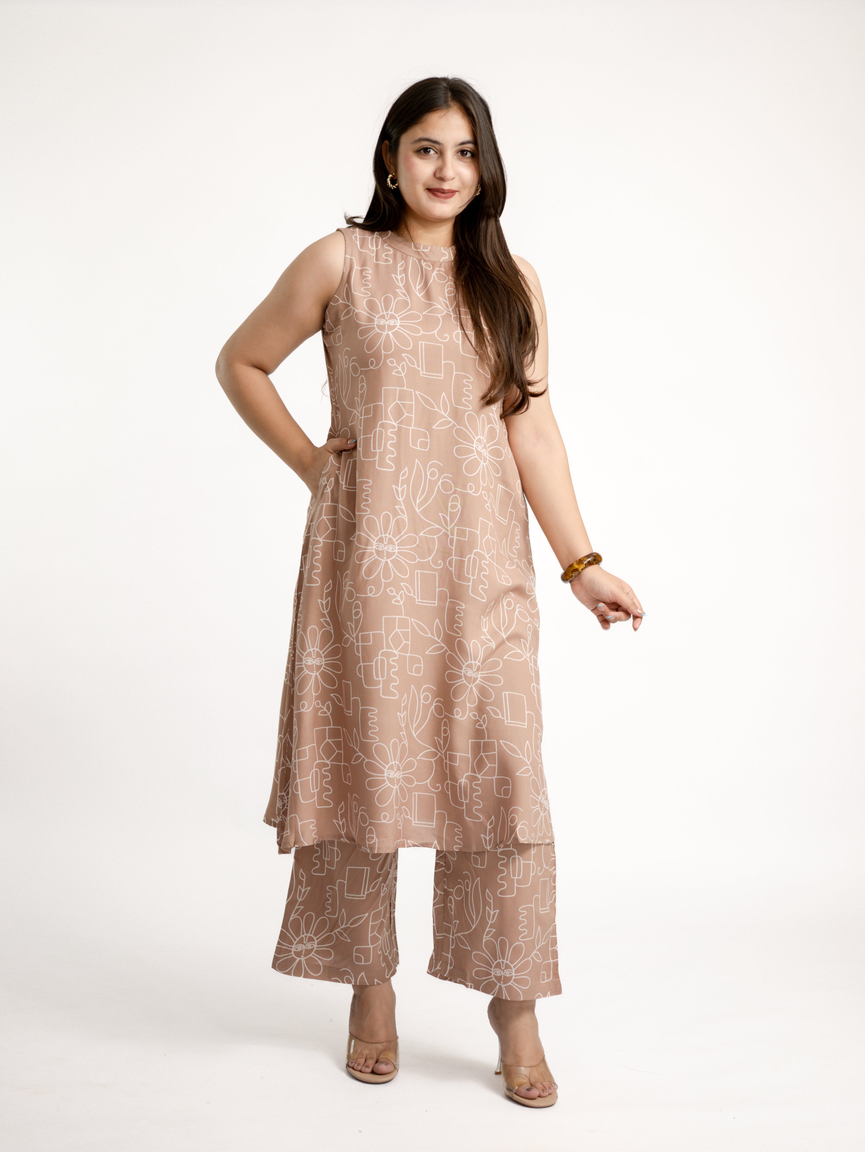 Beige Geometric Floral Rayon A-line Coord Set