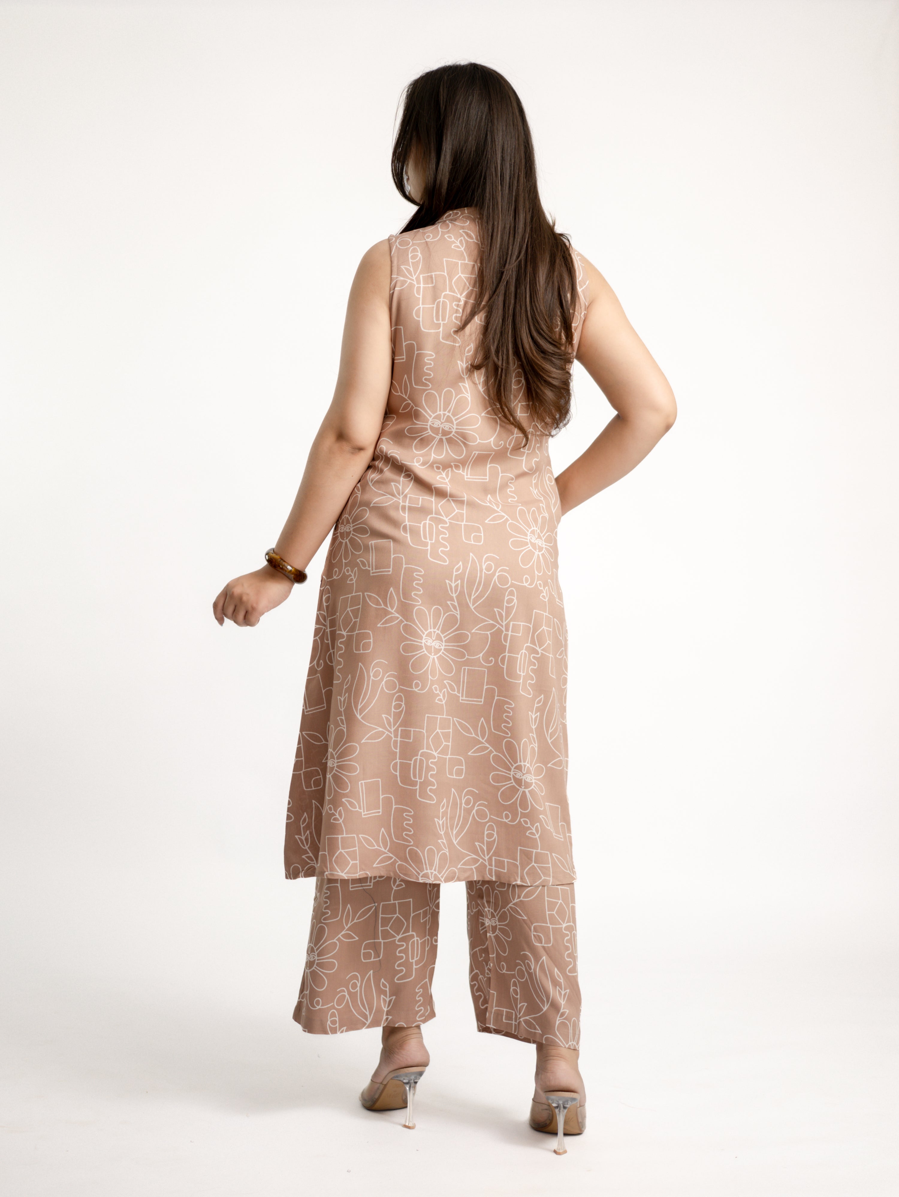 Beige Geometric Floral Rayon A-line Coord Set