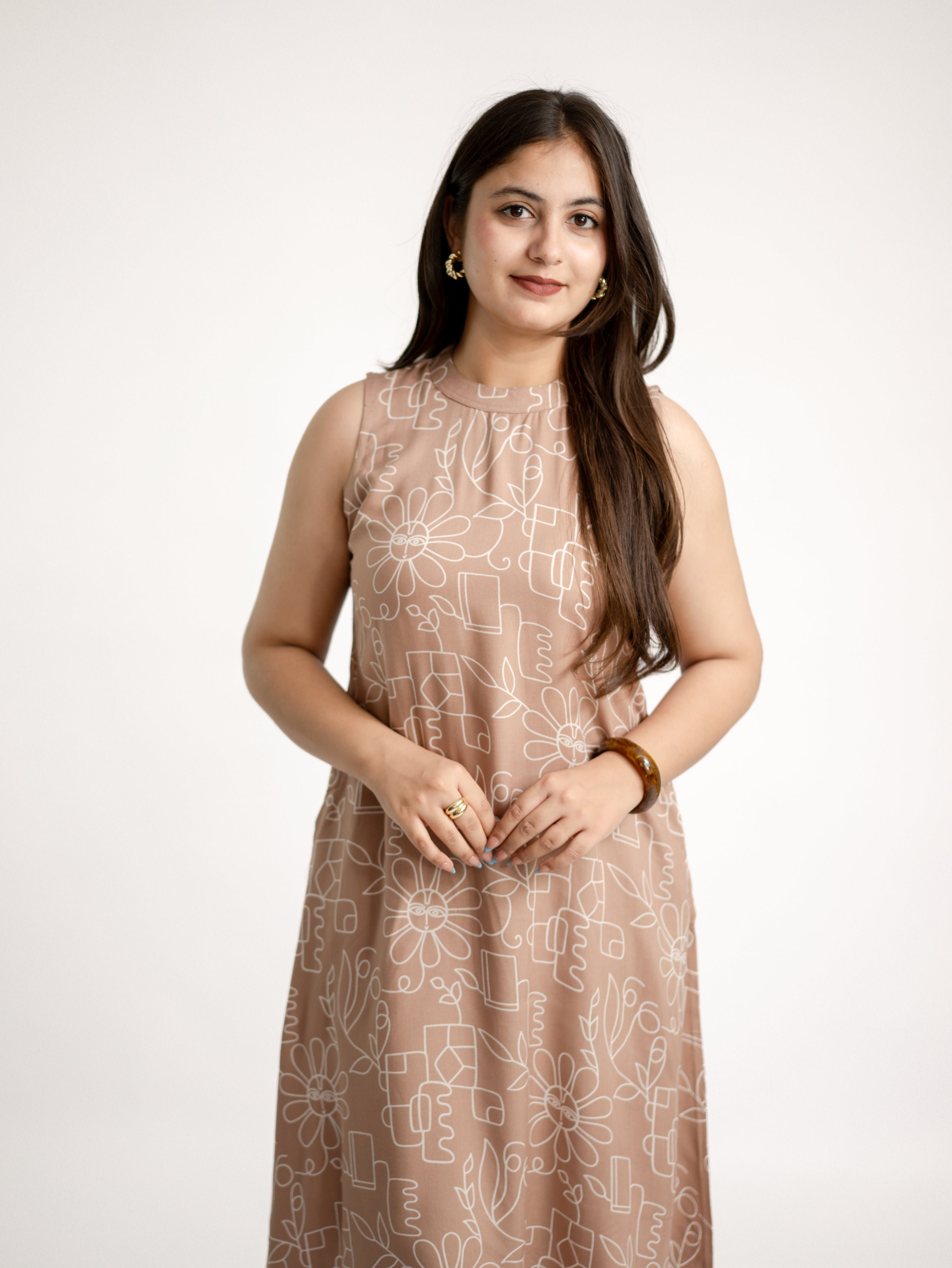 Beige Geometric Floral Rayon A-line Coord Set
