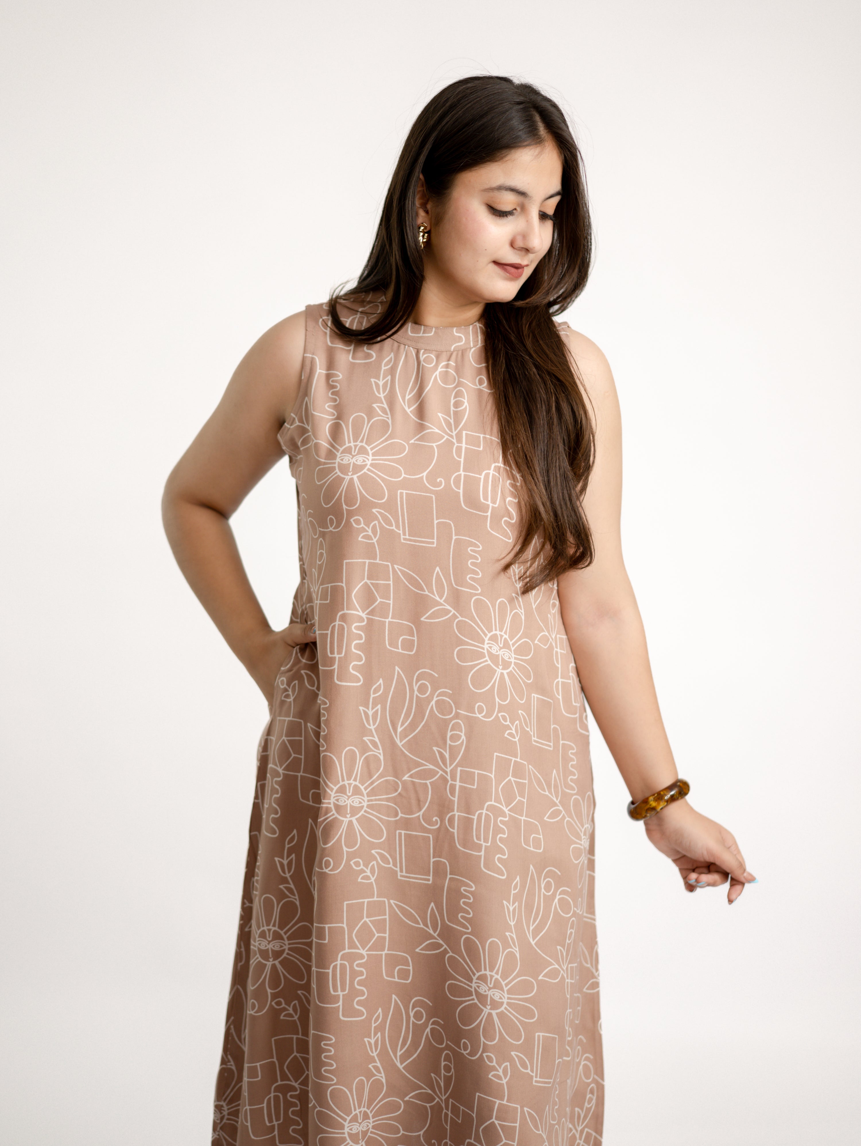 Beige Geometric Floral Rayon A-line Coord Set