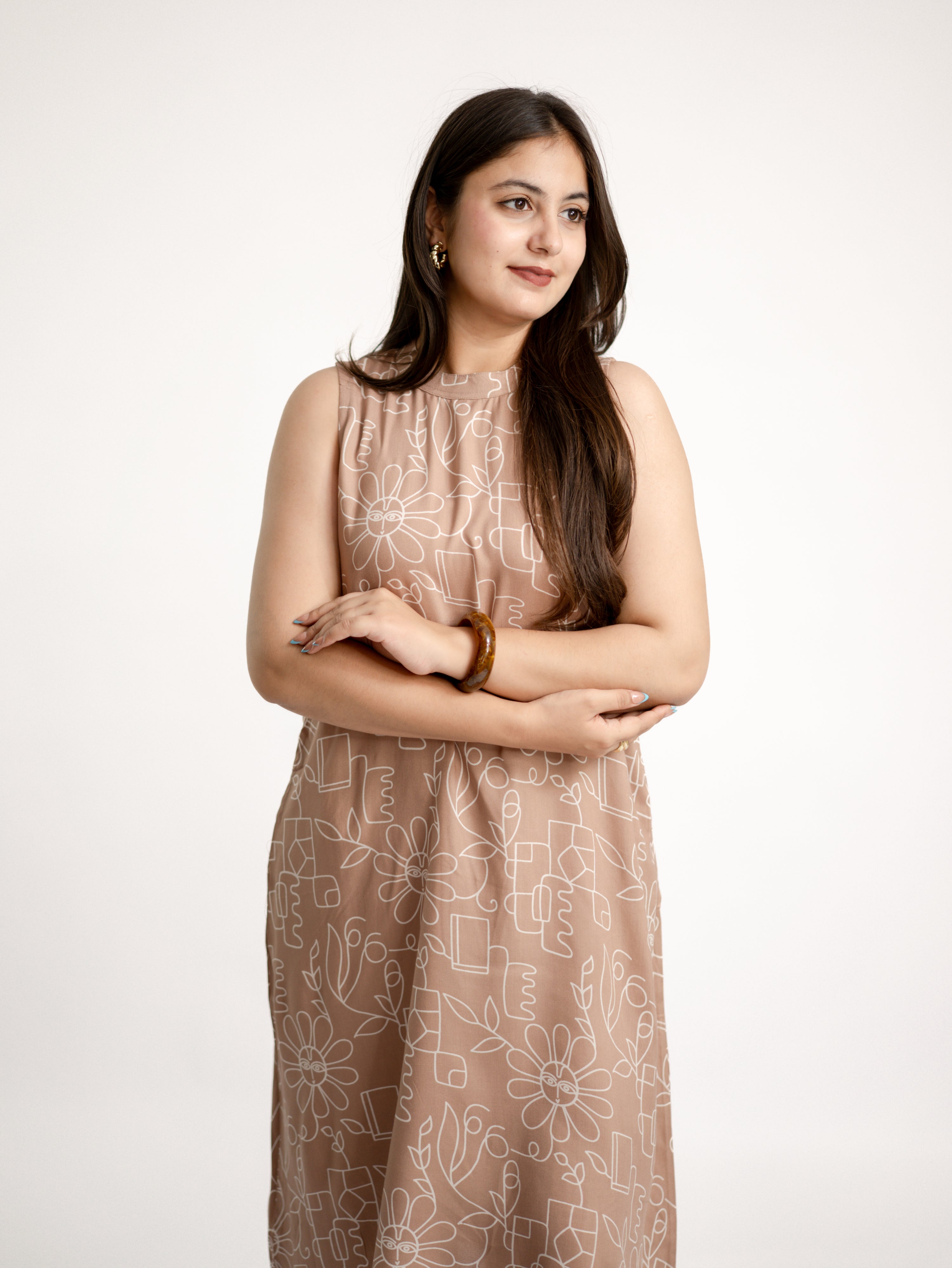 Beige Geometric Floral Rayon A-line Coord Set