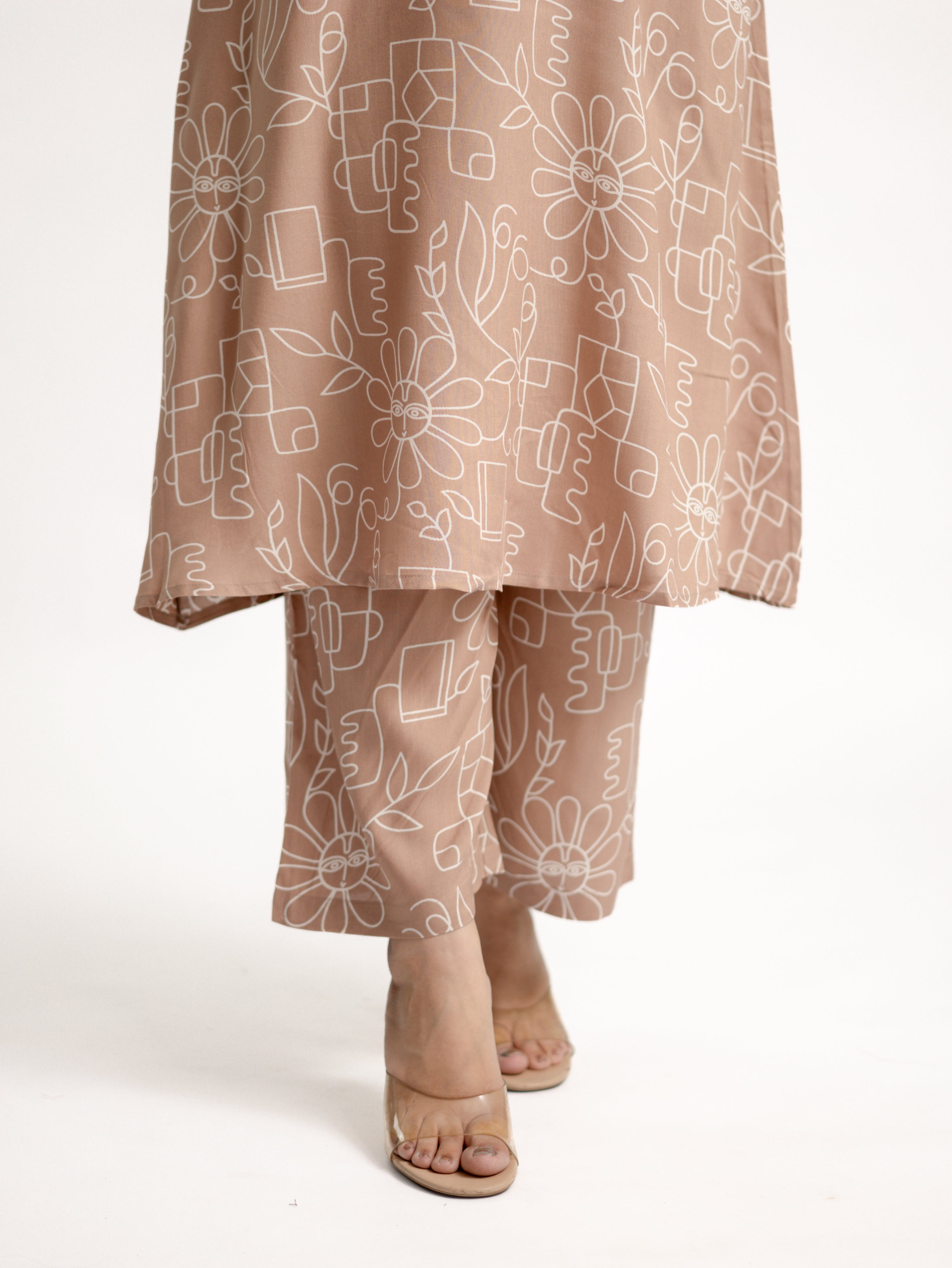 Beige Geometric Floral Rayon A-line Coord Set
