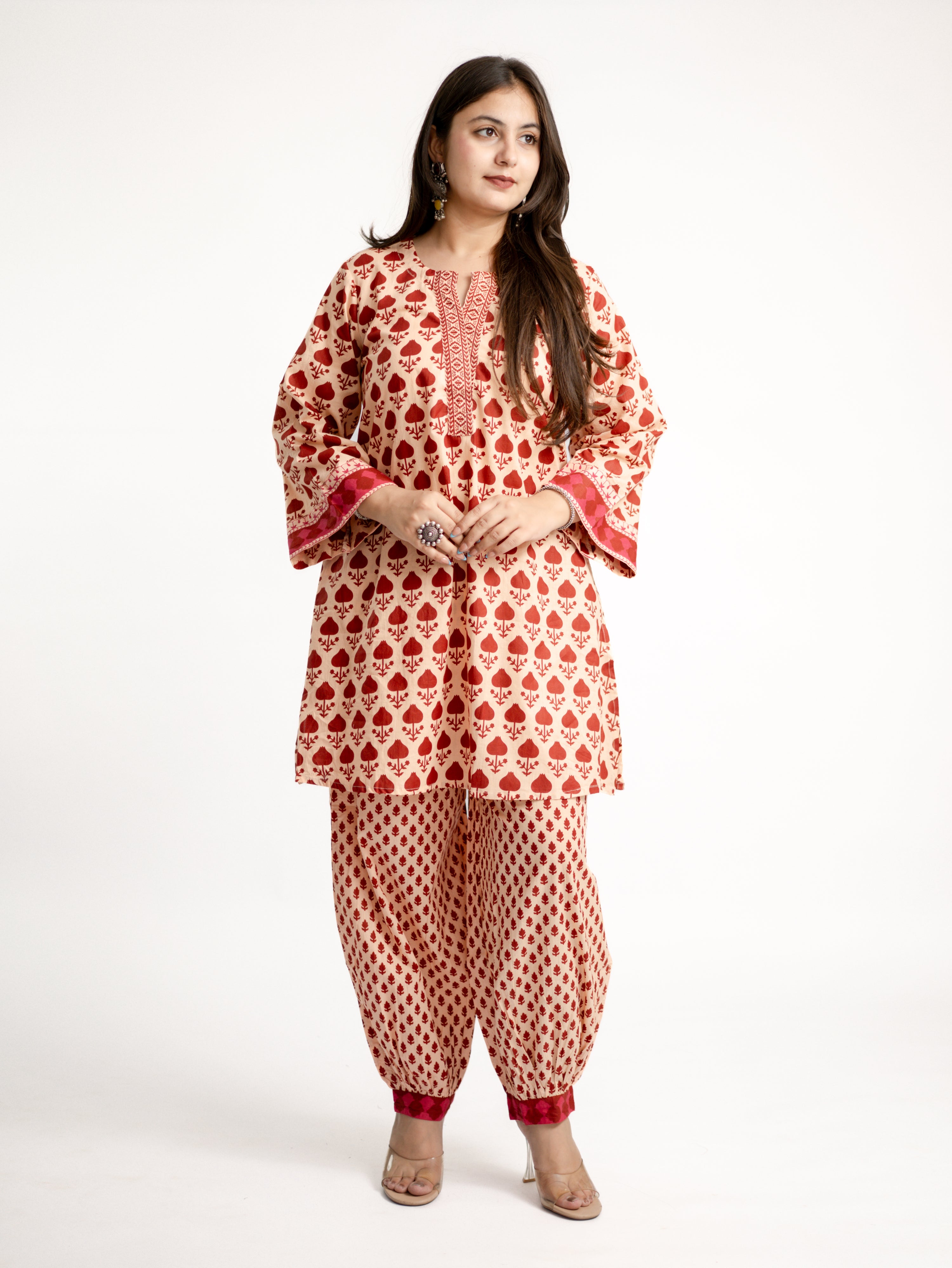 Gul Red Cotton Handblock Coord Set