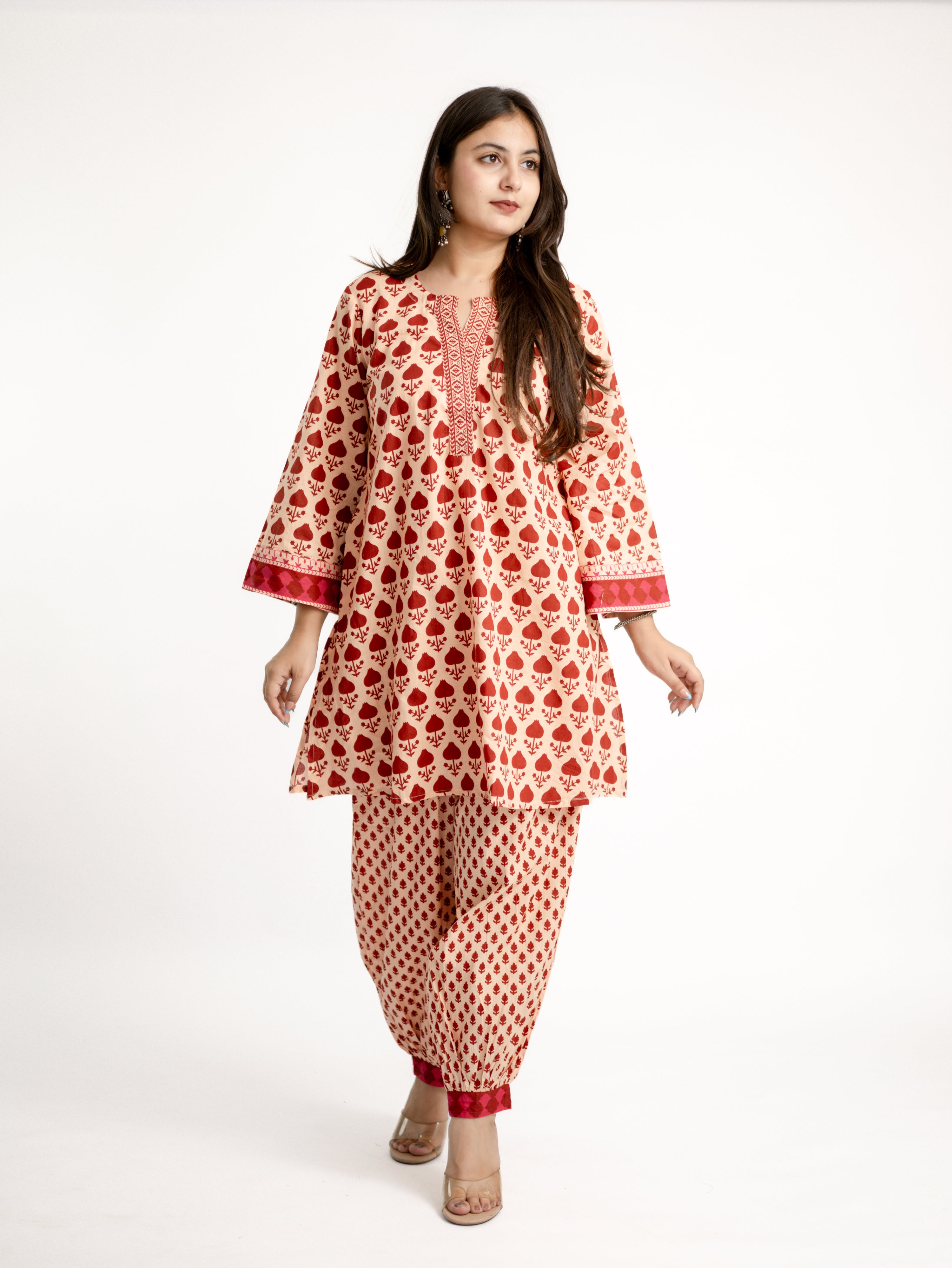 Gul Red Cotton Handblock Coord Set